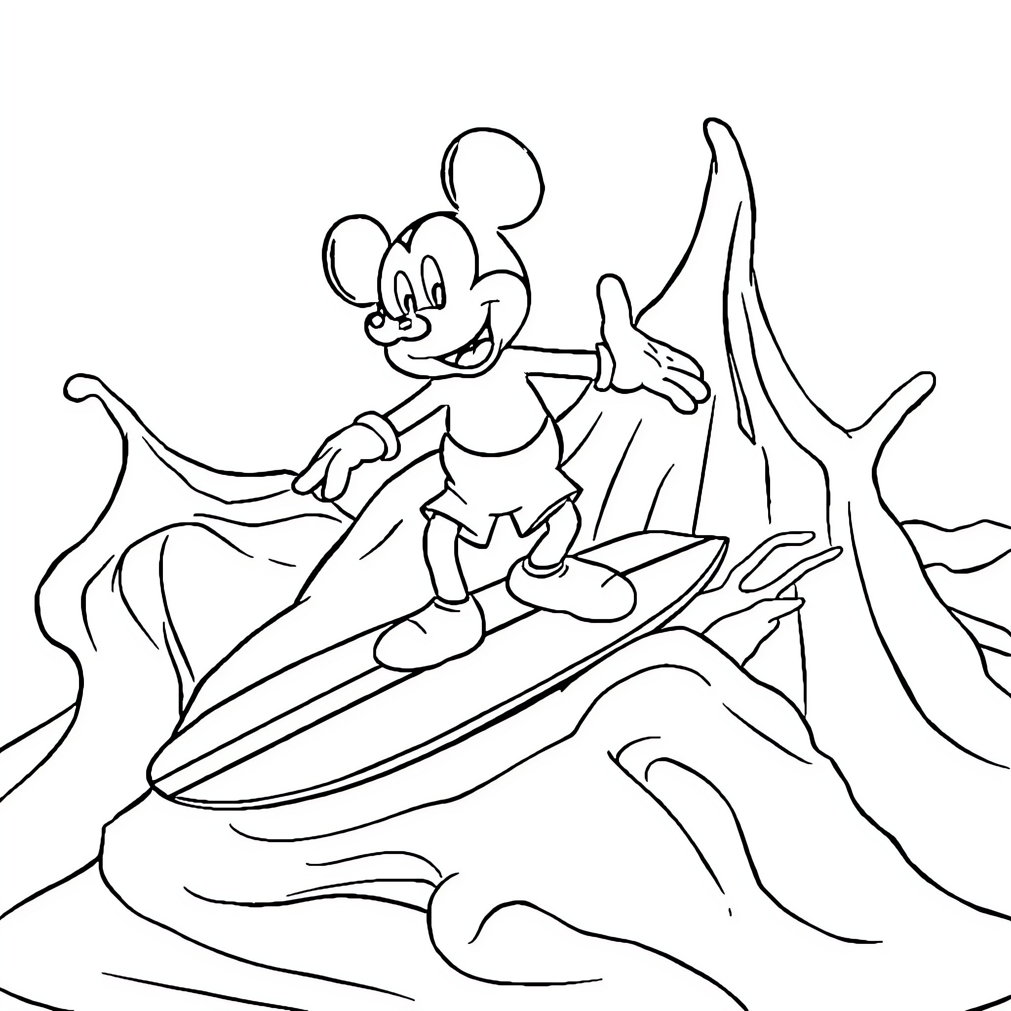 Mickey Mouse surfing on the waves Coloring Page (free black-and-white line drawing printable PDF for all, from beginners to advanced learners, including children, teens, adults, and seniors)