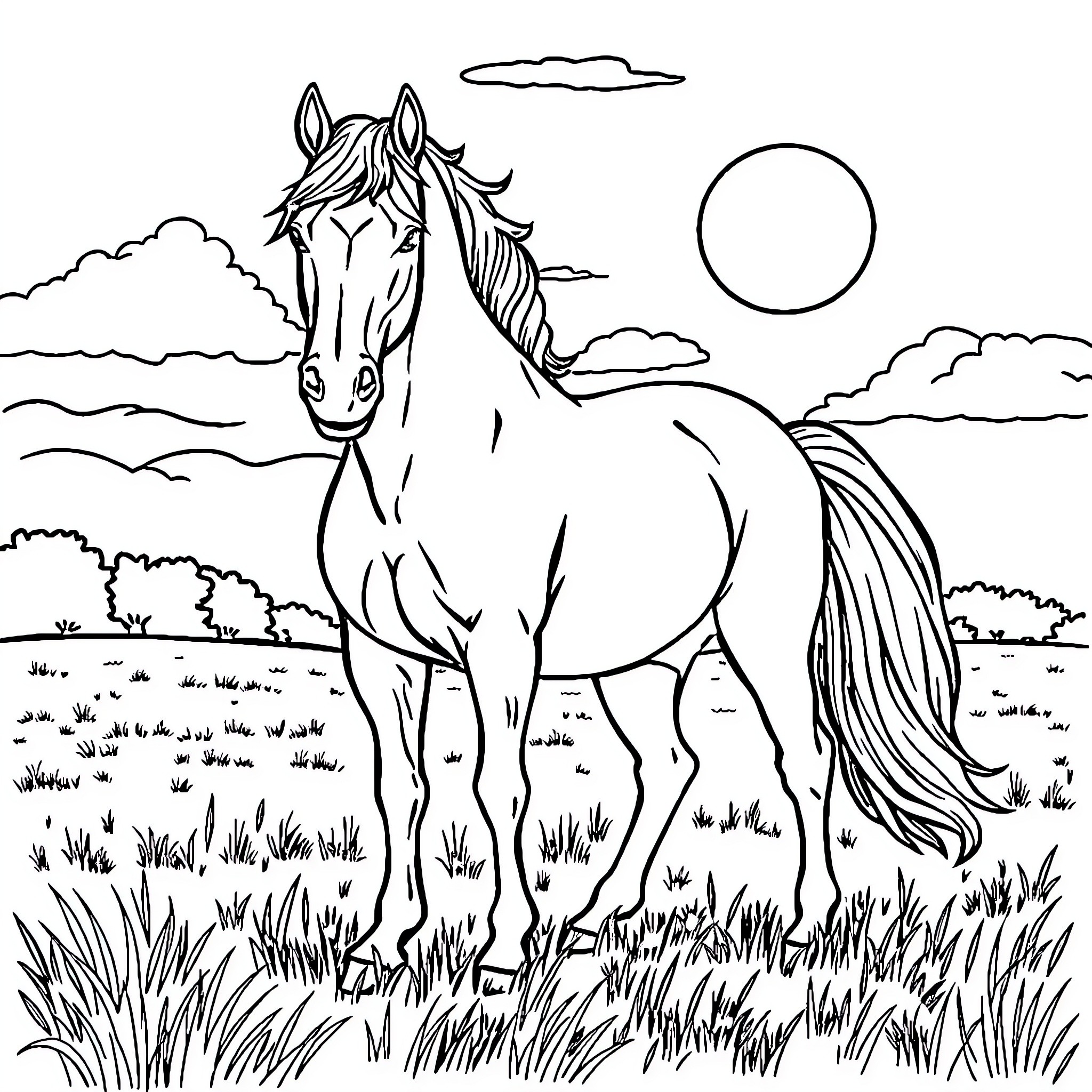 Horse standing proudly in a scenic landscape Coloring Page (free black-and-white line drawing printable PDF for all, from beginners to advanced learners, including children, teens, adults, and seniors)