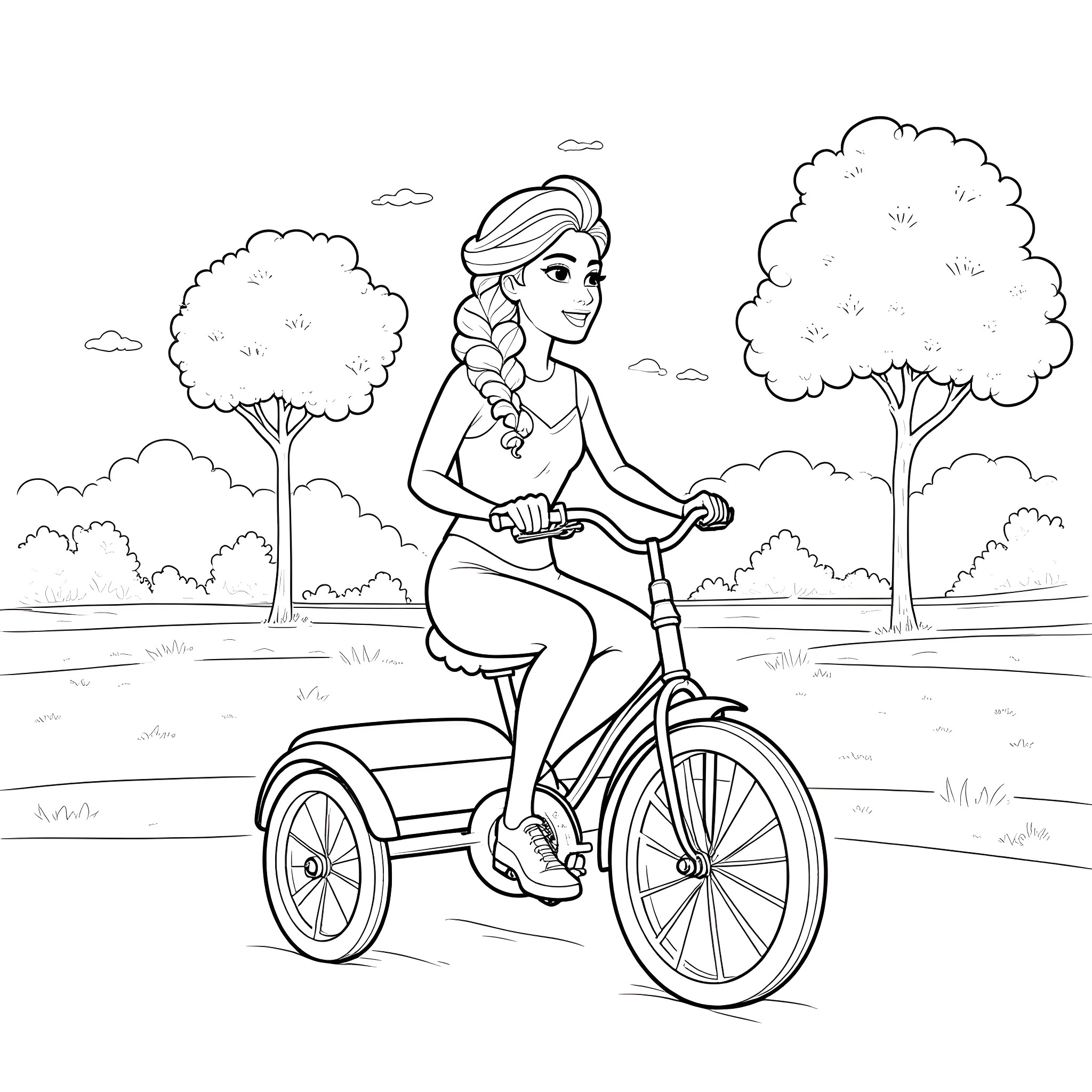 Elsa riding a tricycle in the park Coloring Page (free black-and-white line drawing printable PDF for all, from beginners to advanced learners, including children, teens, adults, and seniors)