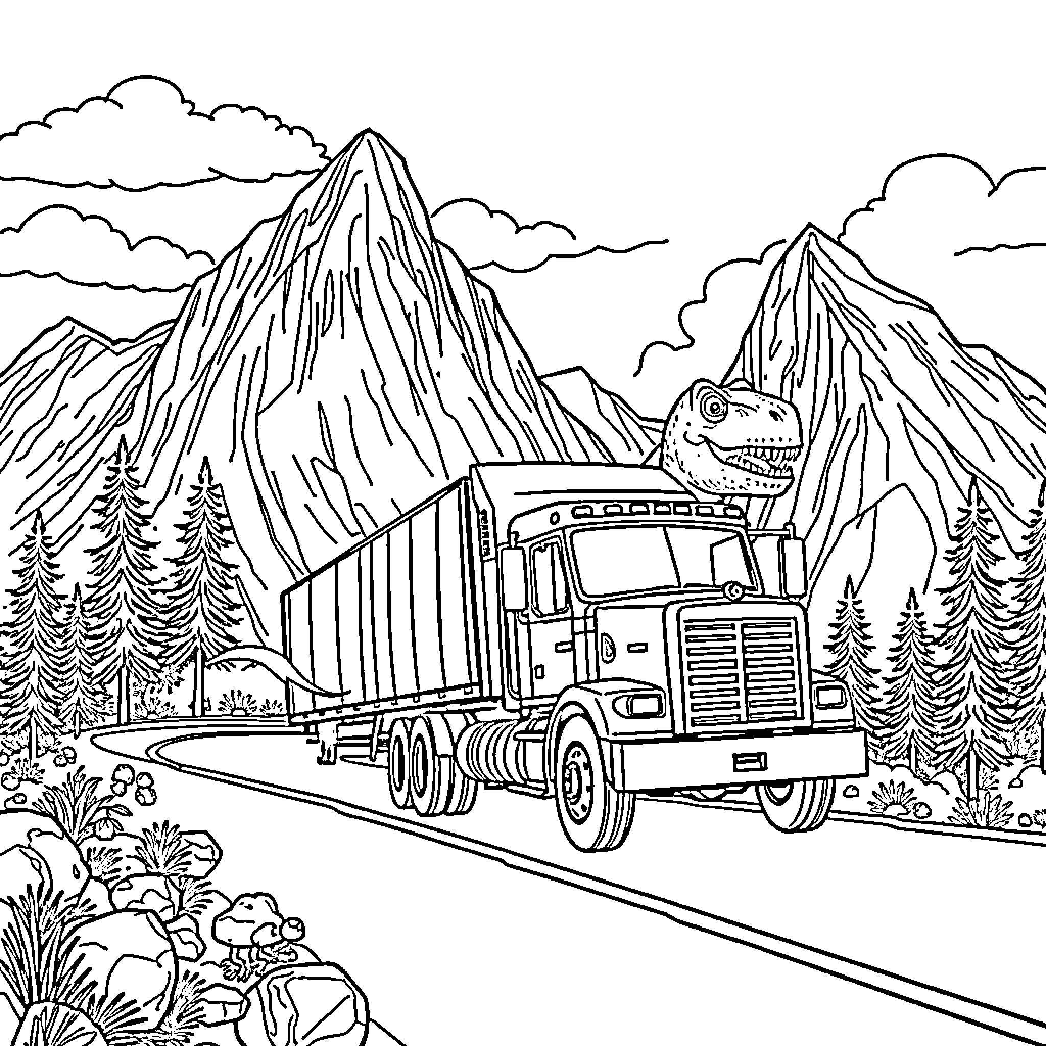 Dinosaur riding on a truck in a scenic mountain landscape Coloring Page (free black-and-white line drawing printable PDF for all, from beginners to advanced learners, including children, teens, adults, and seniors)