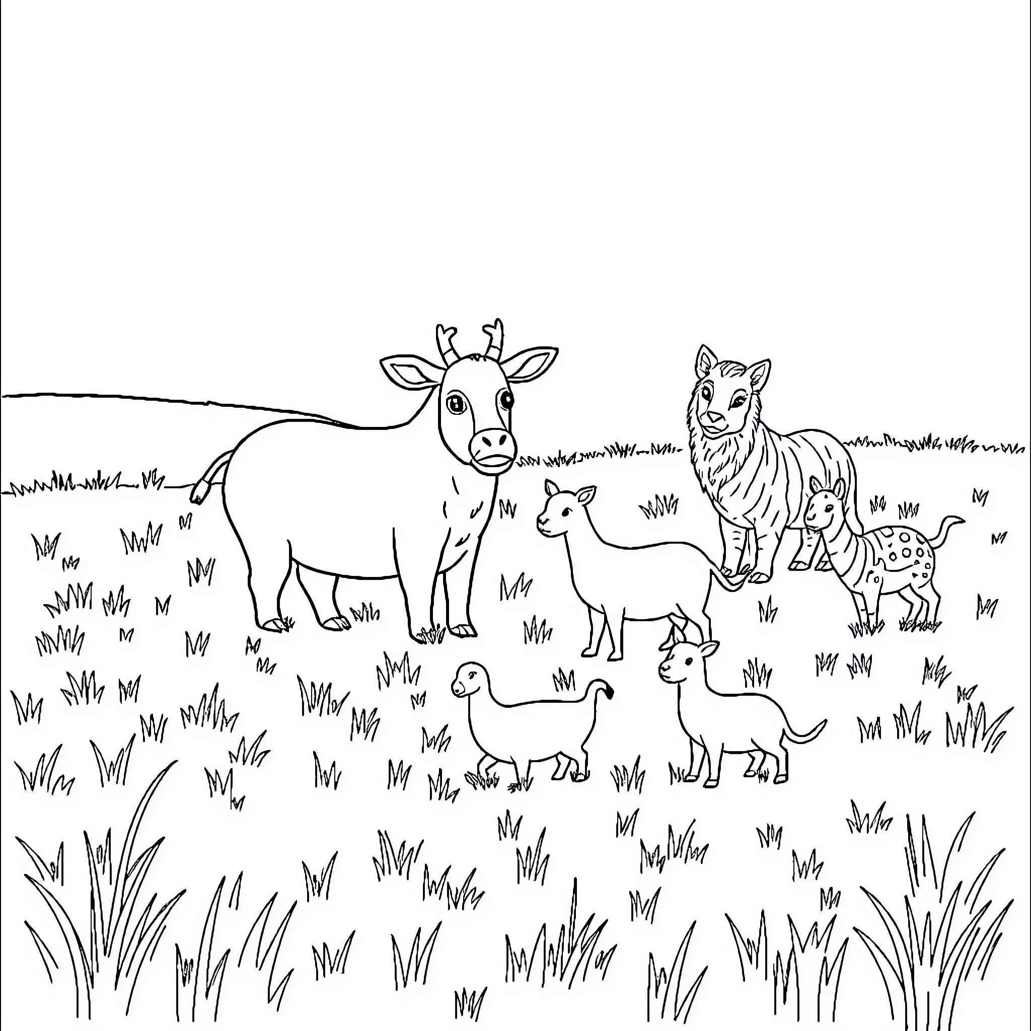Animal gathering in the meadow Coloring Page (free black-and-white line drawing printable PDF for all, from beginners to advanced learners, including children, teens, adults, and seniors)