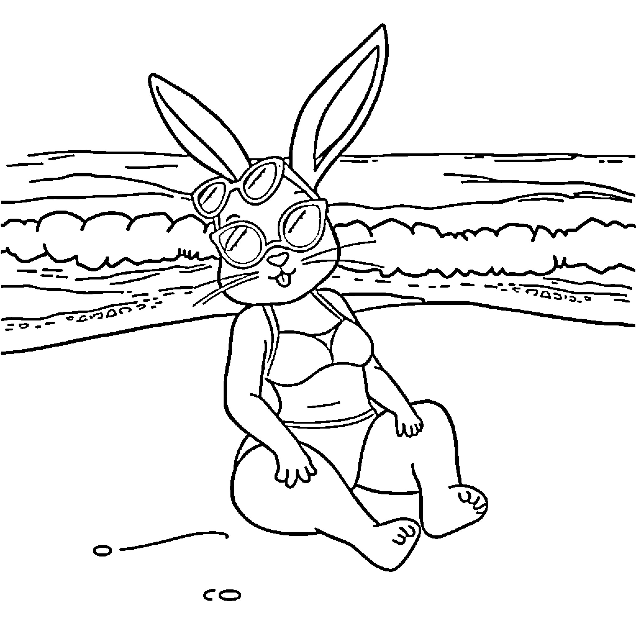 Lola Bunny relaxing on the beach Coloring Page (free black-and-white line drawing printable PDF for all, from beginners to advanced learners, including children, teens, adults, and seniors)