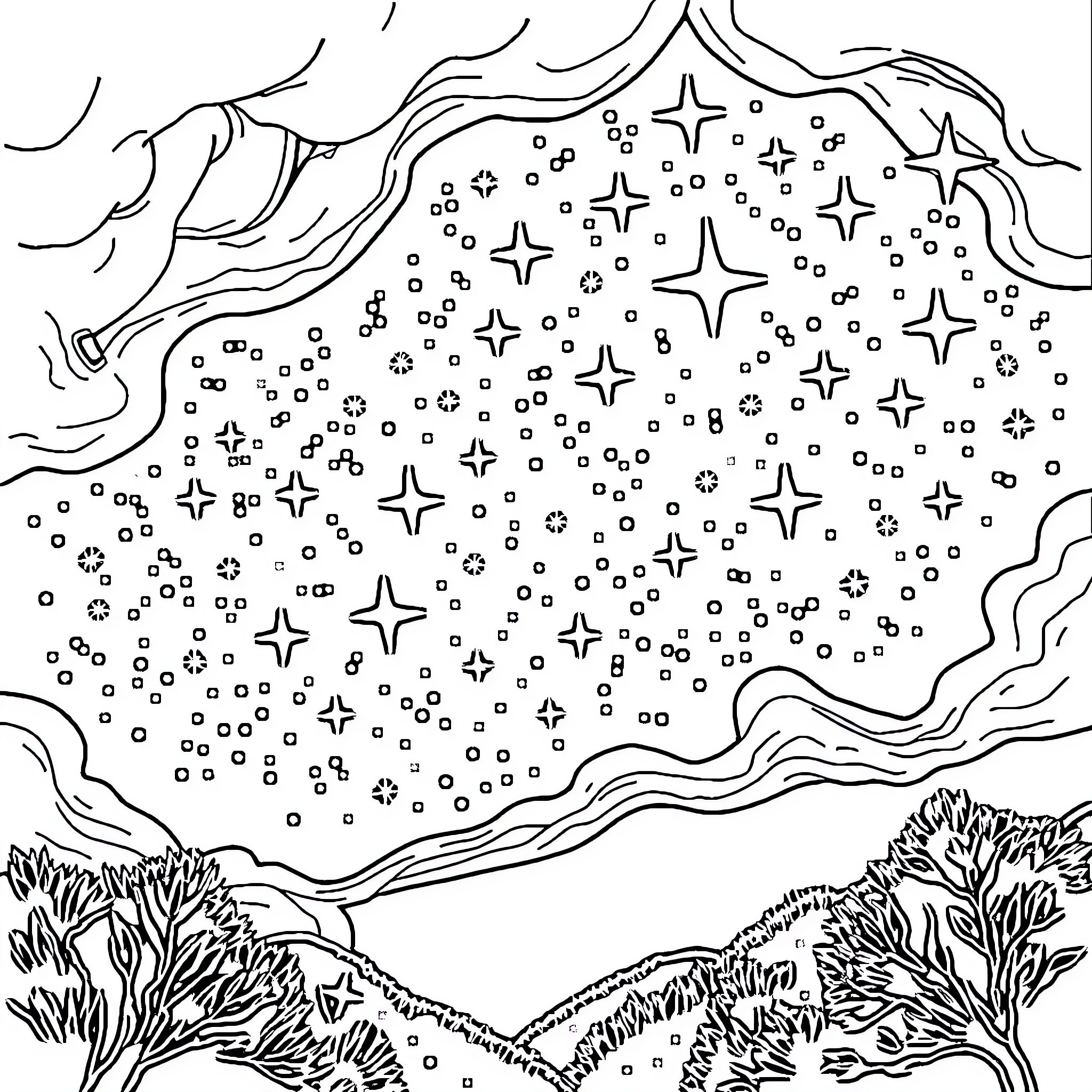 Star-filled Starry Night Sky Above Hilly Landscape Coloring Page (free black-and-white line drawing printable PDF for all, from beginners to advanced learners, including children, teens, adults, and seniors)