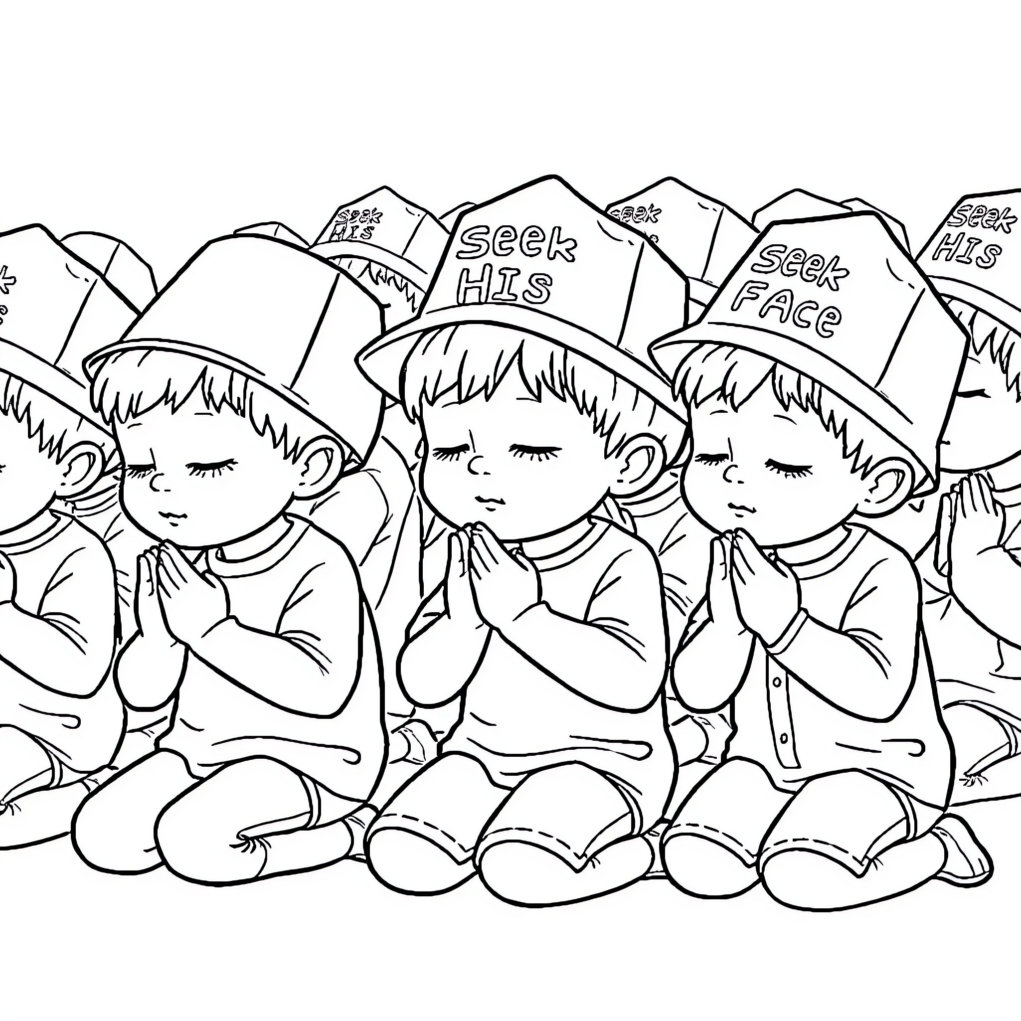 Kids praying in the mountains Coloring Page (free black-and-white line drawing printable PDF for all, from beginners to advanced learners, including children, teens, adults, and seniors)
