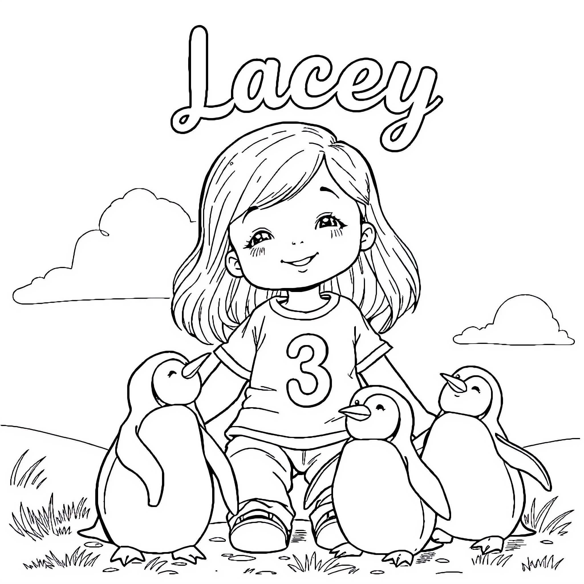 Toddler girl playing with penguins in a field Coloring Page (free black-and-white line drawing printable PDF for all, from beginners to advanced learners, including children, teens, adults, and seniors)