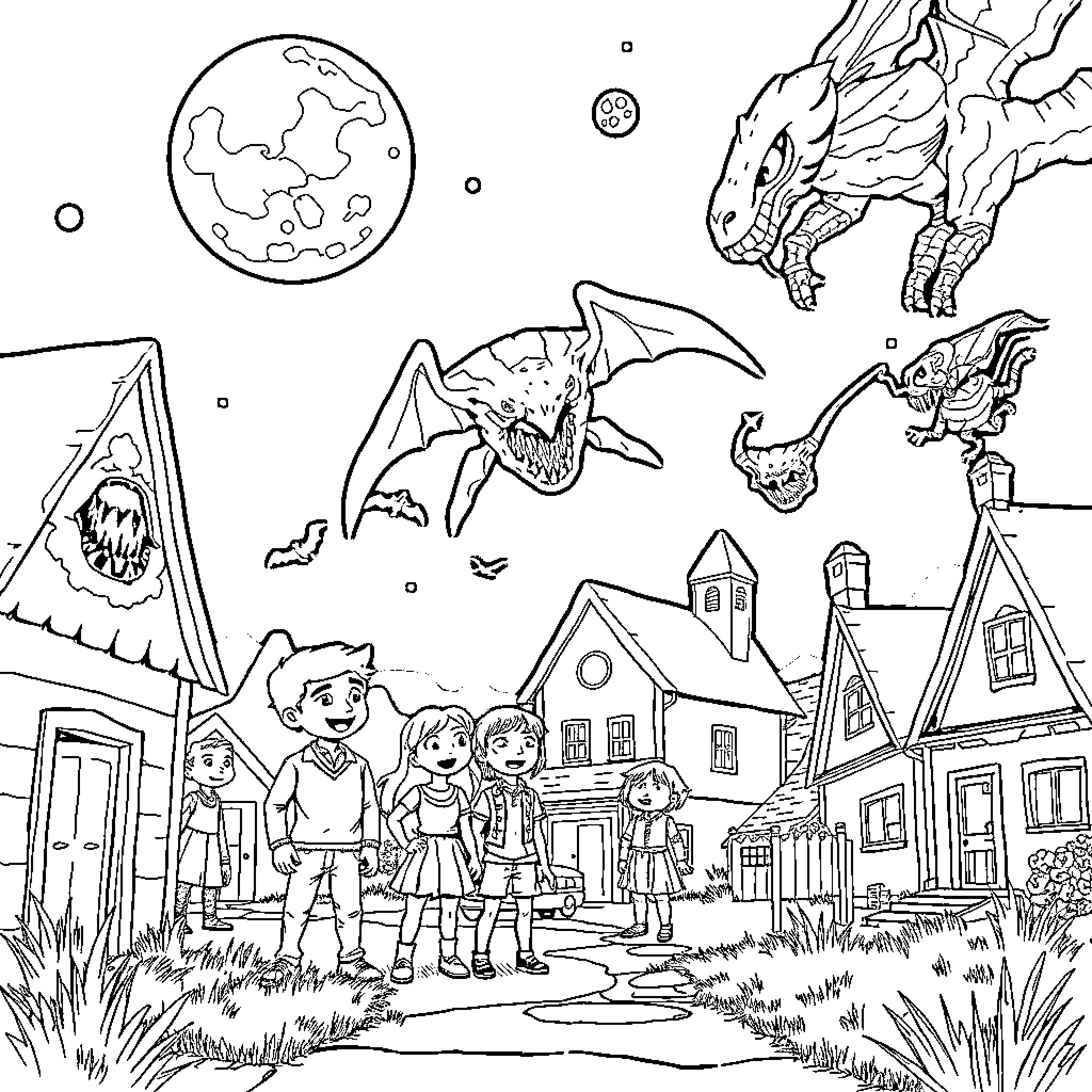 Stranger Things - Children exploring a haunting, supernatural town Coloring Page (free black-and-white line drawing printable PDF for all, from beginners to advanced learners, including children, teens, adults, and seniors)