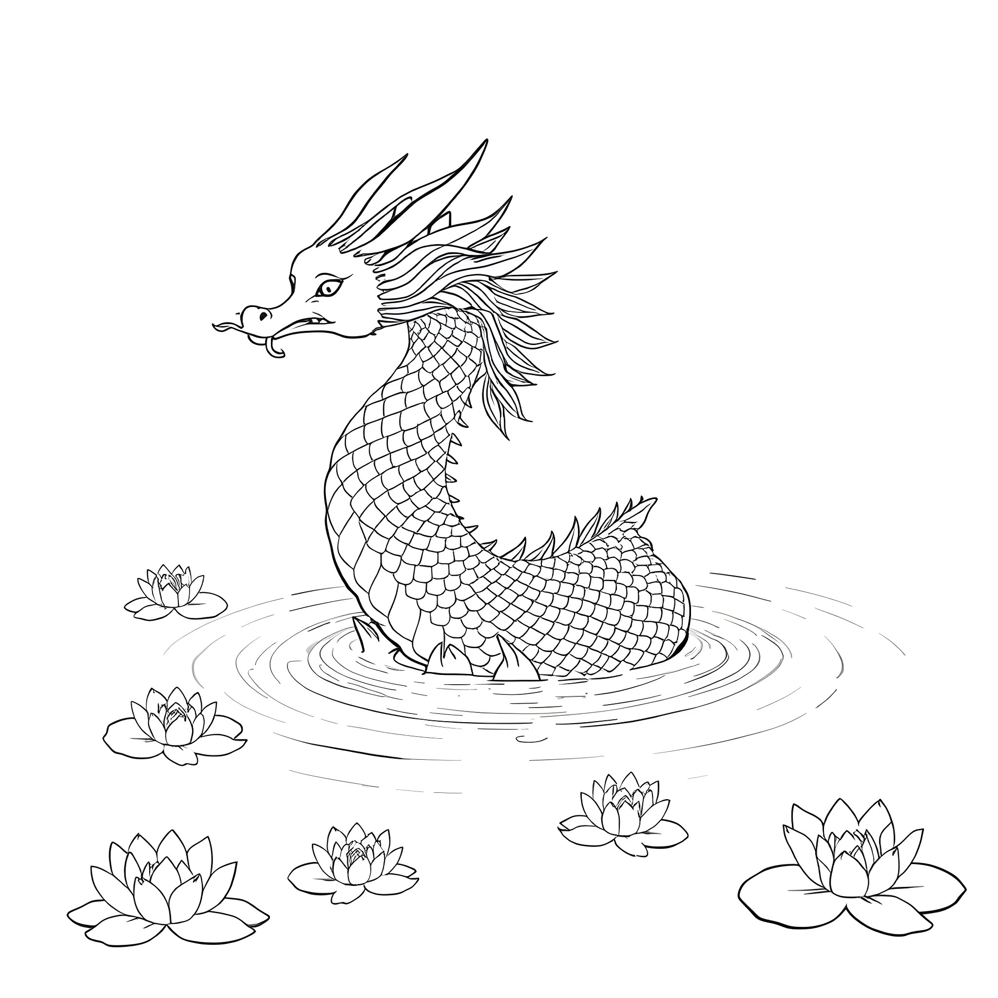 Mishipeshu: Aquatic Dragon Emerging from Lotus Pond Coloring Page (free black-and-white line drawing printable PDF for all, from beginners to advanced learners, including children, teens, adults, and seniors)