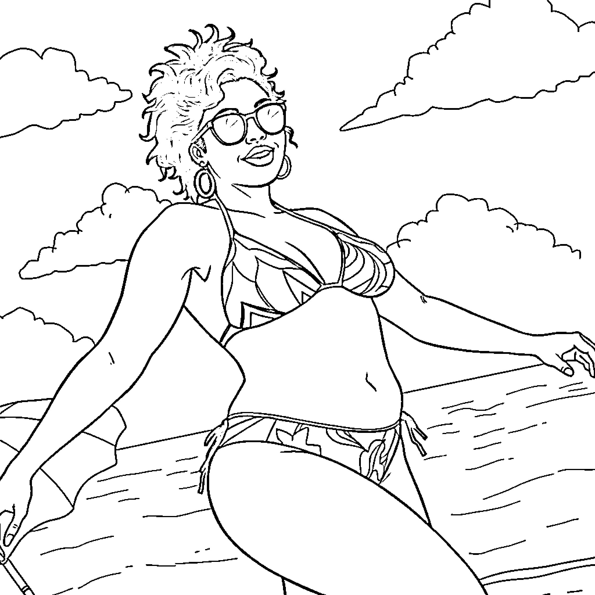 Woman relaxing and enjoying the outdoors Coloring Page (free black-and-white line drawing printable PDF for all, from beginners to advanced learners, including children, teens, adults, and seniors)