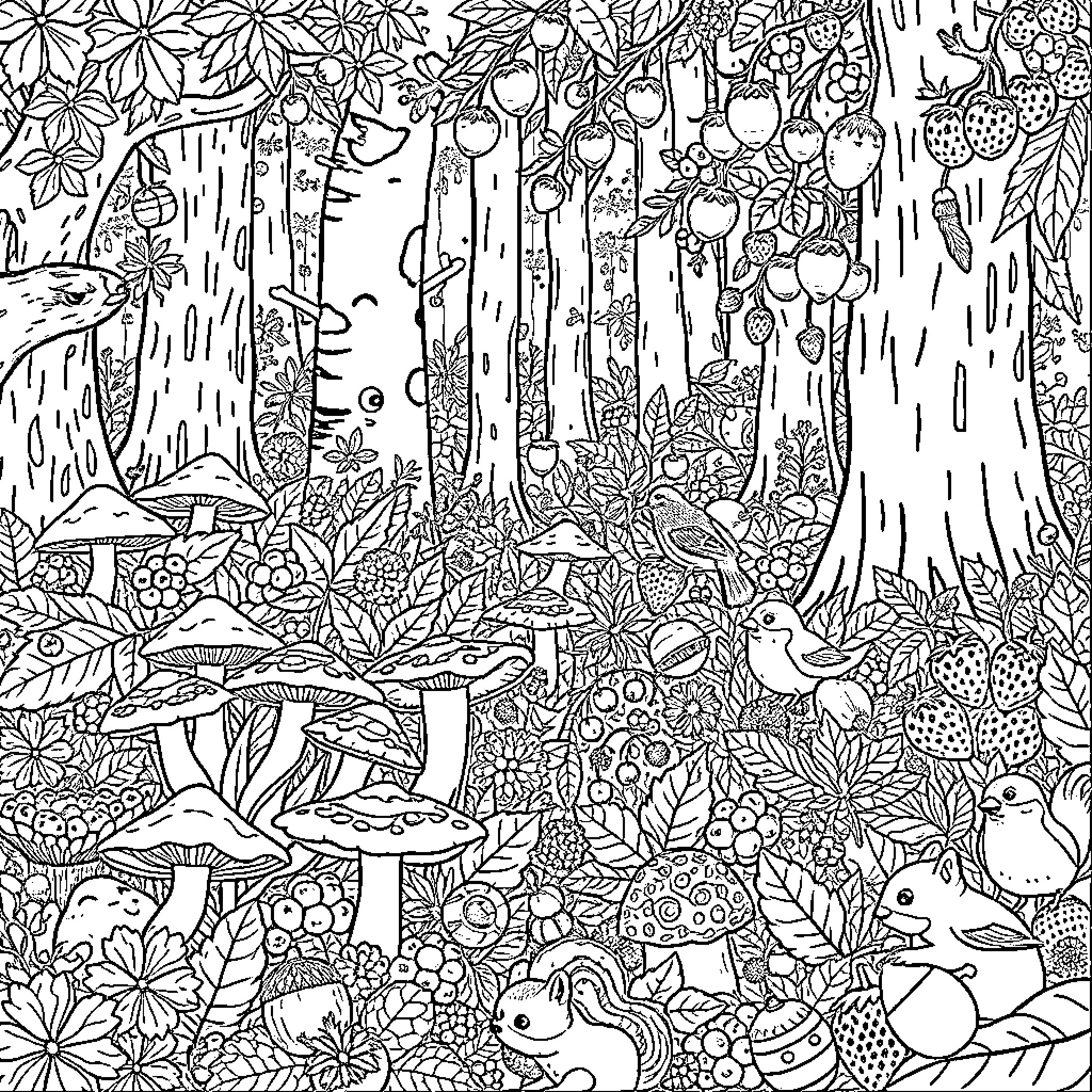 Forest Fantasy with Whimsical Creatures and Vegetation Coloring Page (free black-and-white line drawing printable PDF for all, from beginners to advanced learners, including children, teens, adults, and seniors)