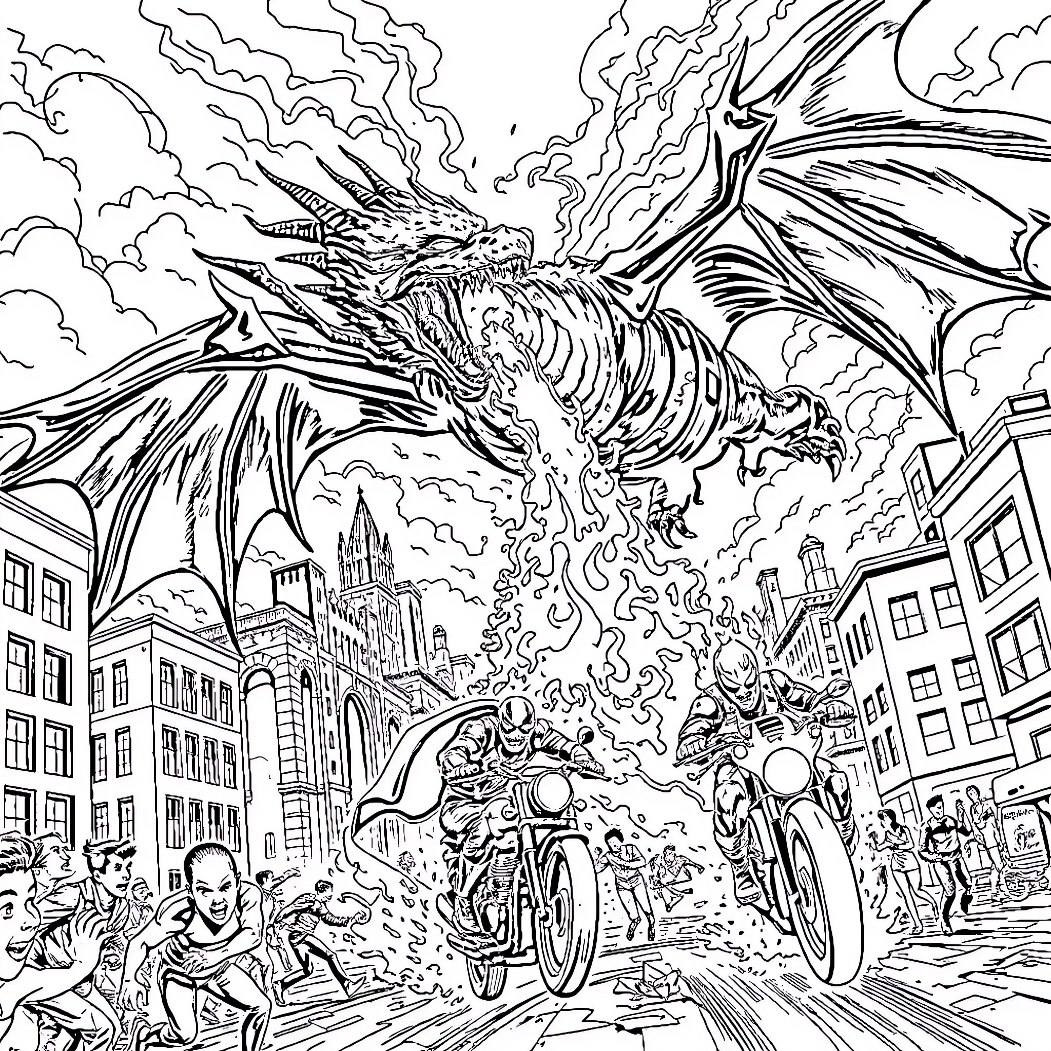 Dragon attacking the city with fire and chaos Coloring Page (free black-and-white line drawing printable PDF for all, from beginners to advanced learners, including children, teens, adults, and seniors)