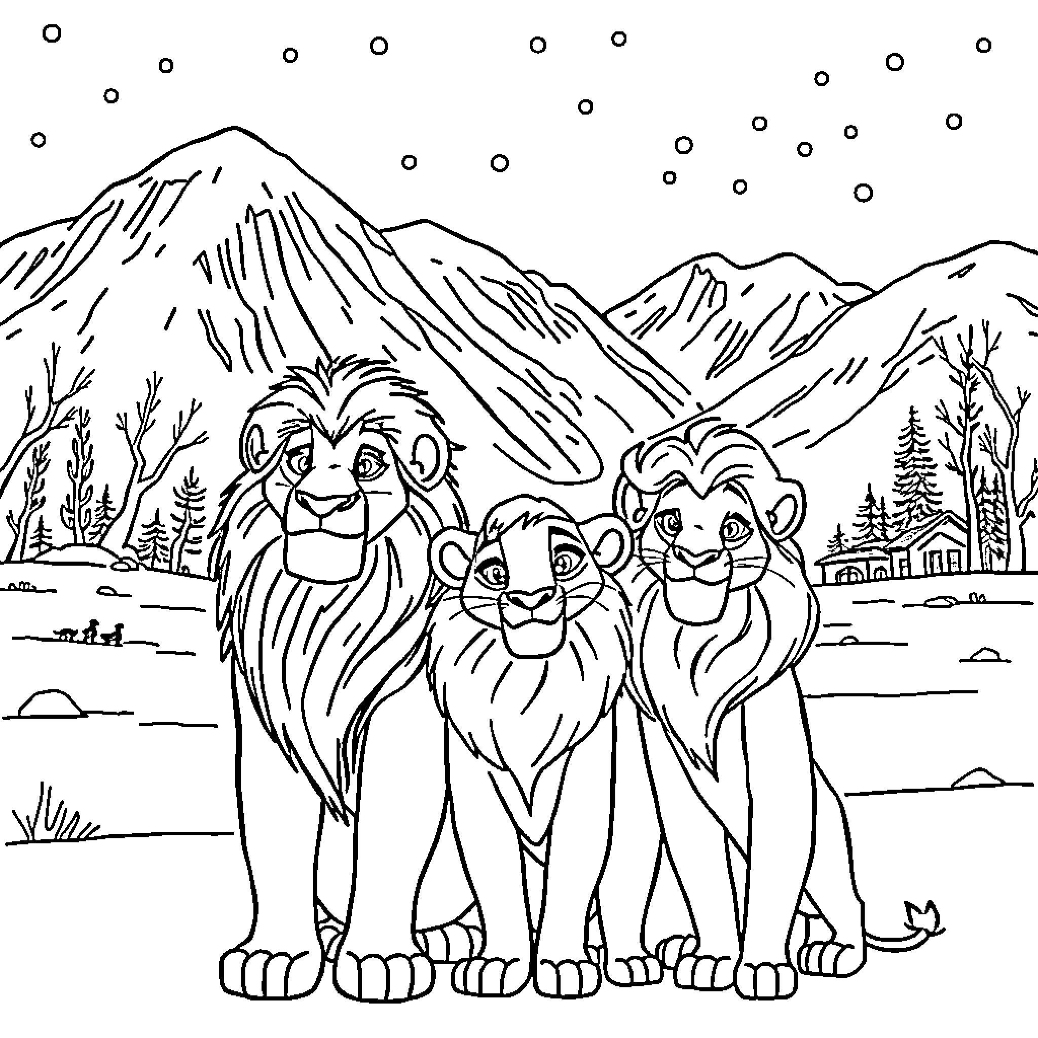 Lion King Characters in Mountainous Landscape Coloring Page (free black-and-white line drawing printable PDF for all, from beginners to advanced learners, including children, teens, adults, and seniors)