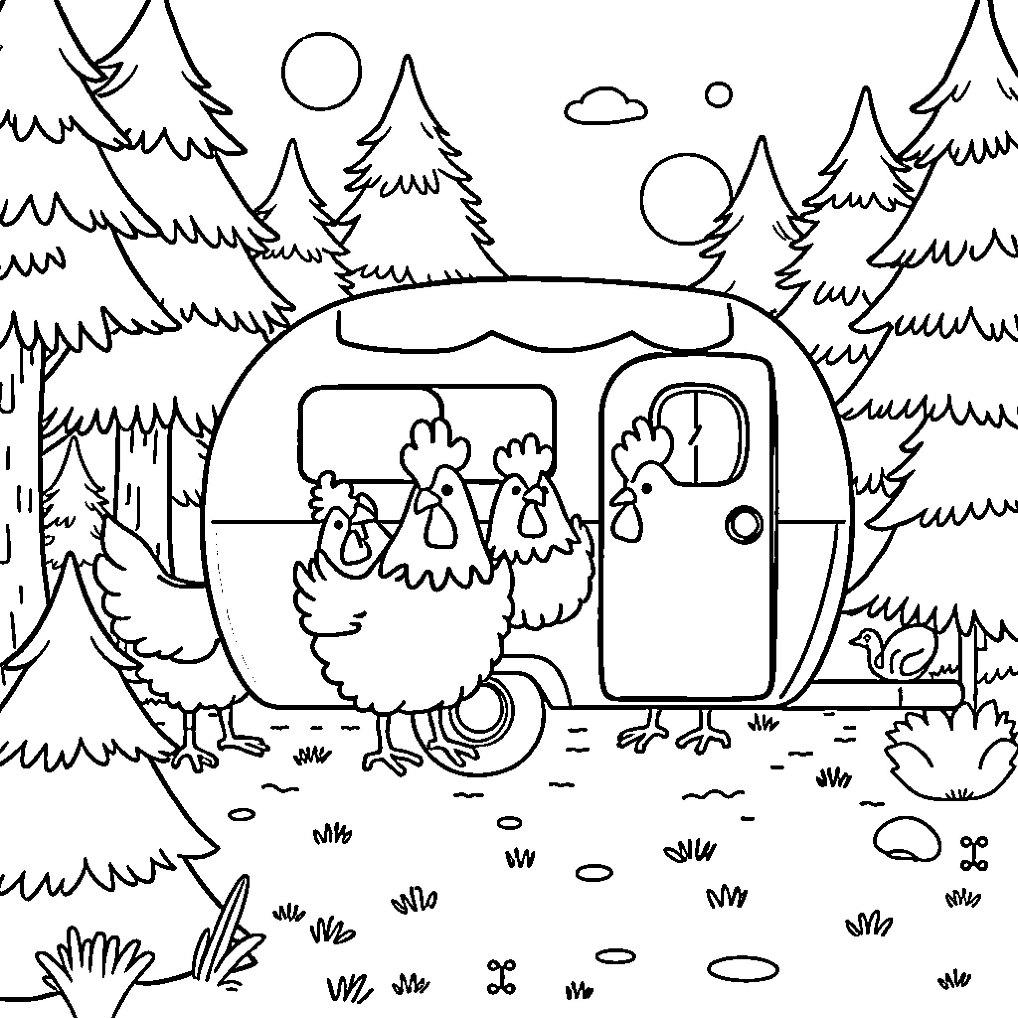 Chicken camping in the forest Coloring Page (free black-and-white line drawing printable PDF for all, from beginners to advanced learners, including children, teens, adults, and seniors)