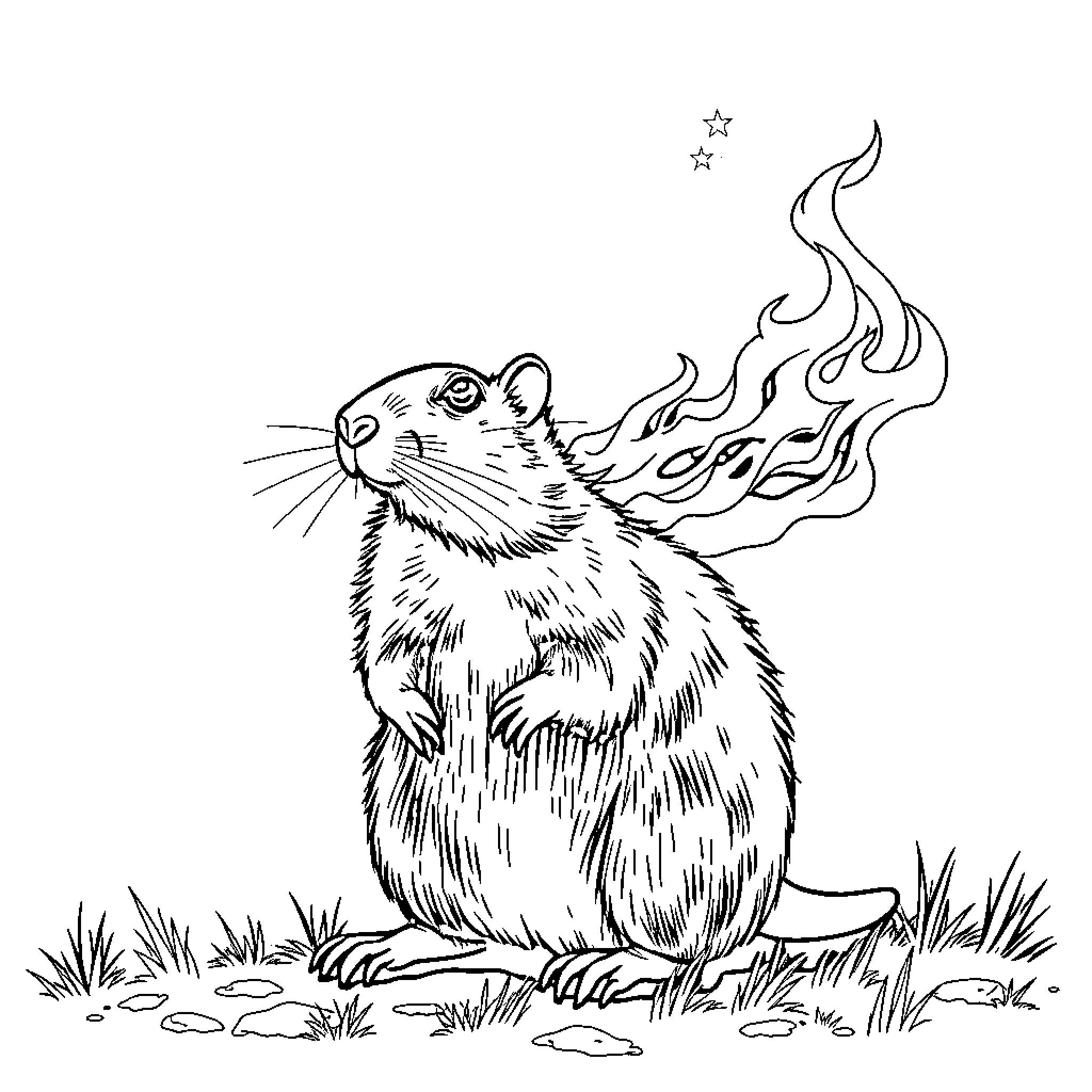 Rat with fiery breath and stars Coloring Page (free black-and-white line drawing printable PDF for all, from beginners to advanced learners, including children, teens, adults, and seniors)