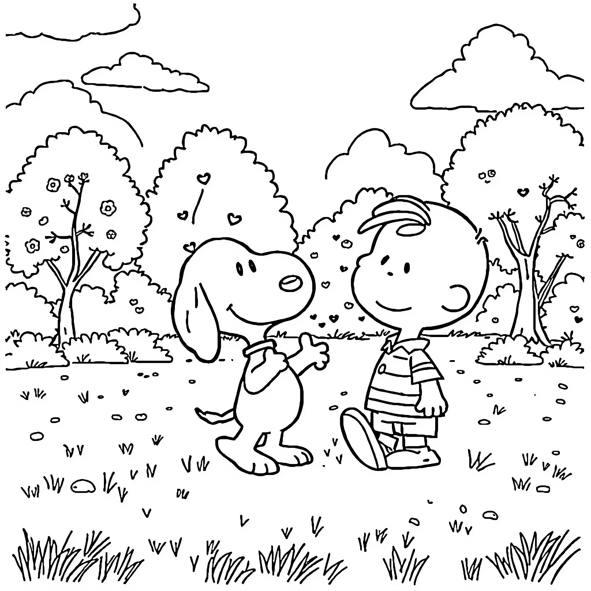 Snoopy and Charlie Brown in the park Coloring Page (free black-and-white line drawing printable PDF for all, from beginners to advanced learners, including children, teens, adults, and seniors)