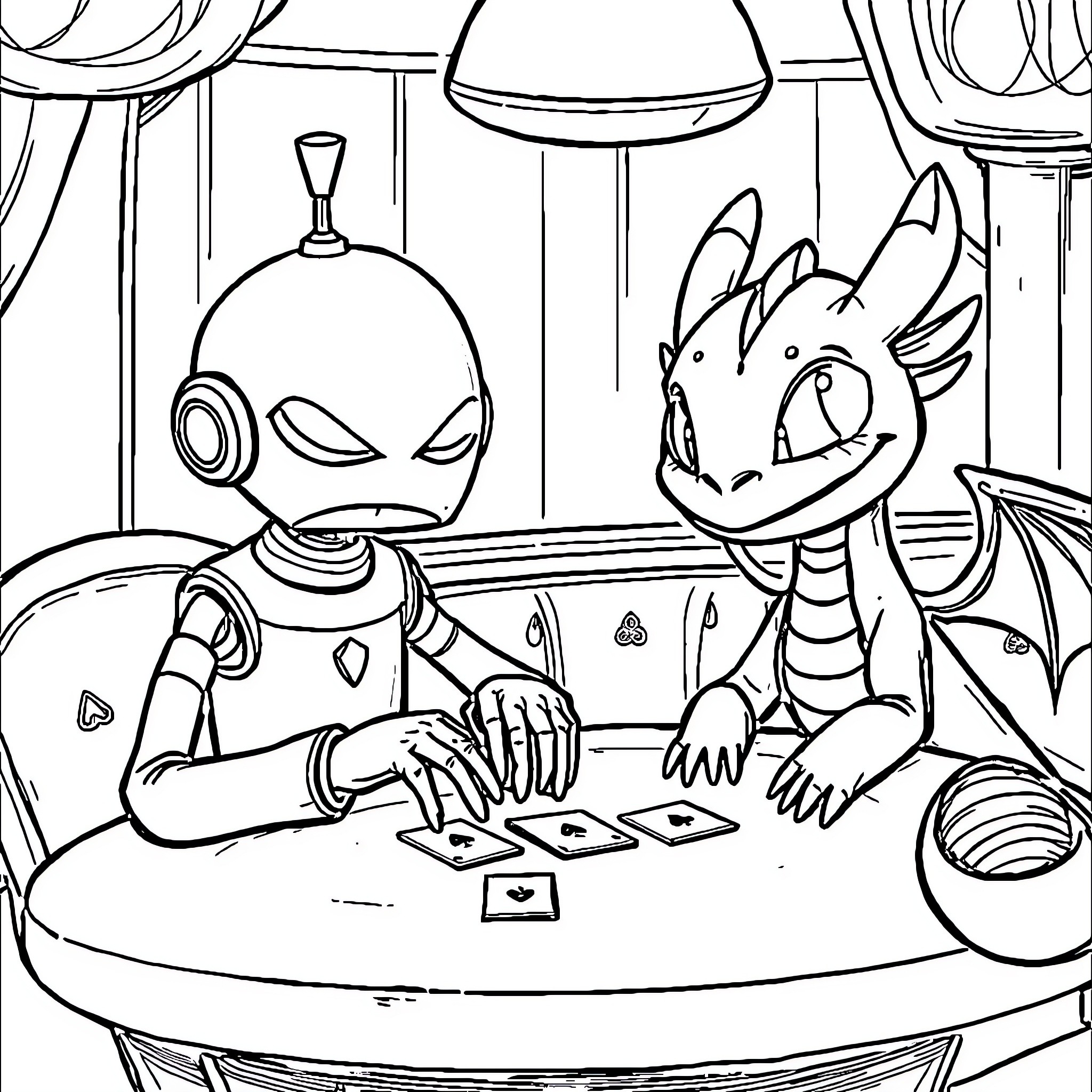Marvin and his dragon friend playing cards together Coloring Page (free black-and-white line drawing printable PDF for all, from beginners to advanced learners, including children, teens, adults, and seniors)
