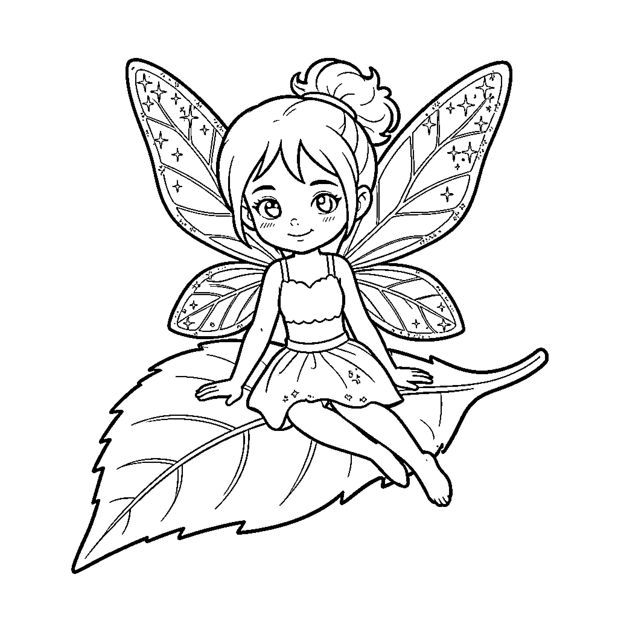 Fairy sitting peacefully on a large leaf Coloring Page (free black-and-white line drawing printable PDF for all, from beginners to advanced learners, including children, teens, adults, and seniors)