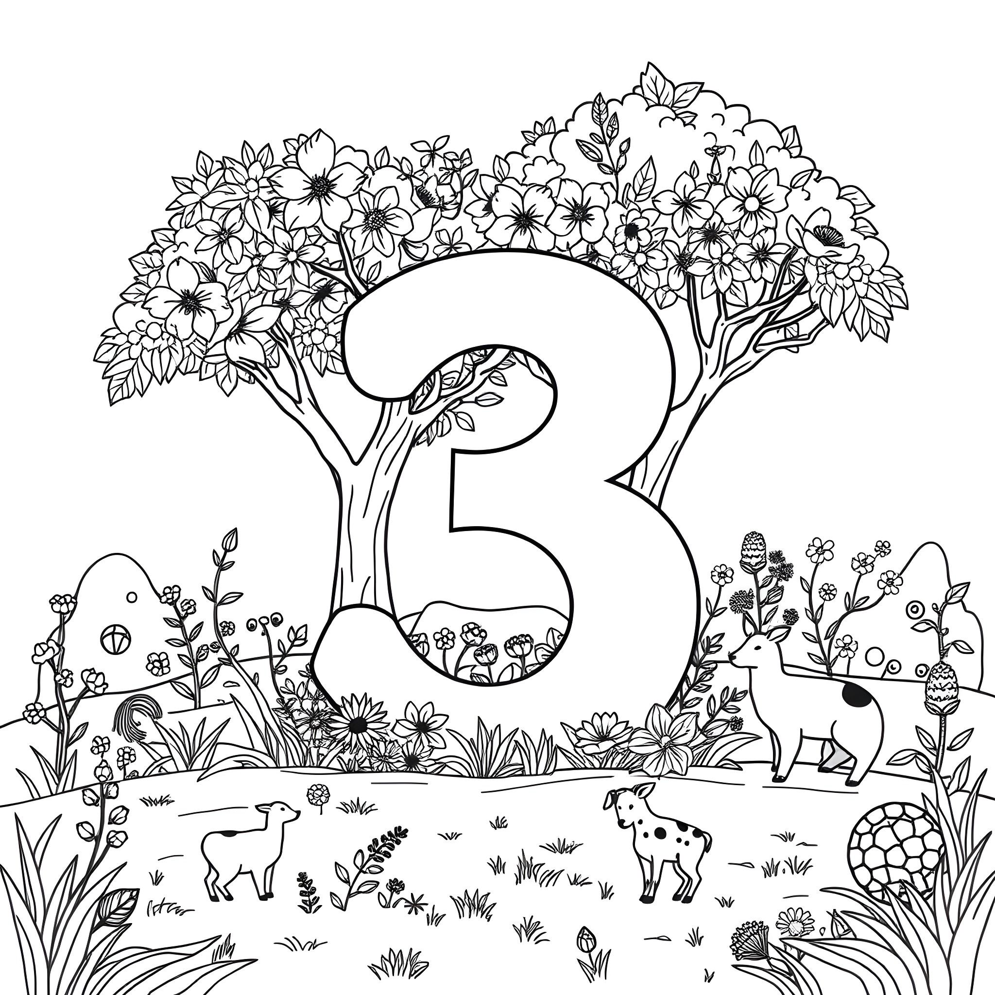 Number 3 - Animals and flowers in natural scene Coloring Page (free black-and-white line drawing printable PDF for all, from beginners to advanced learners, including children, teens, adults, and seniors)