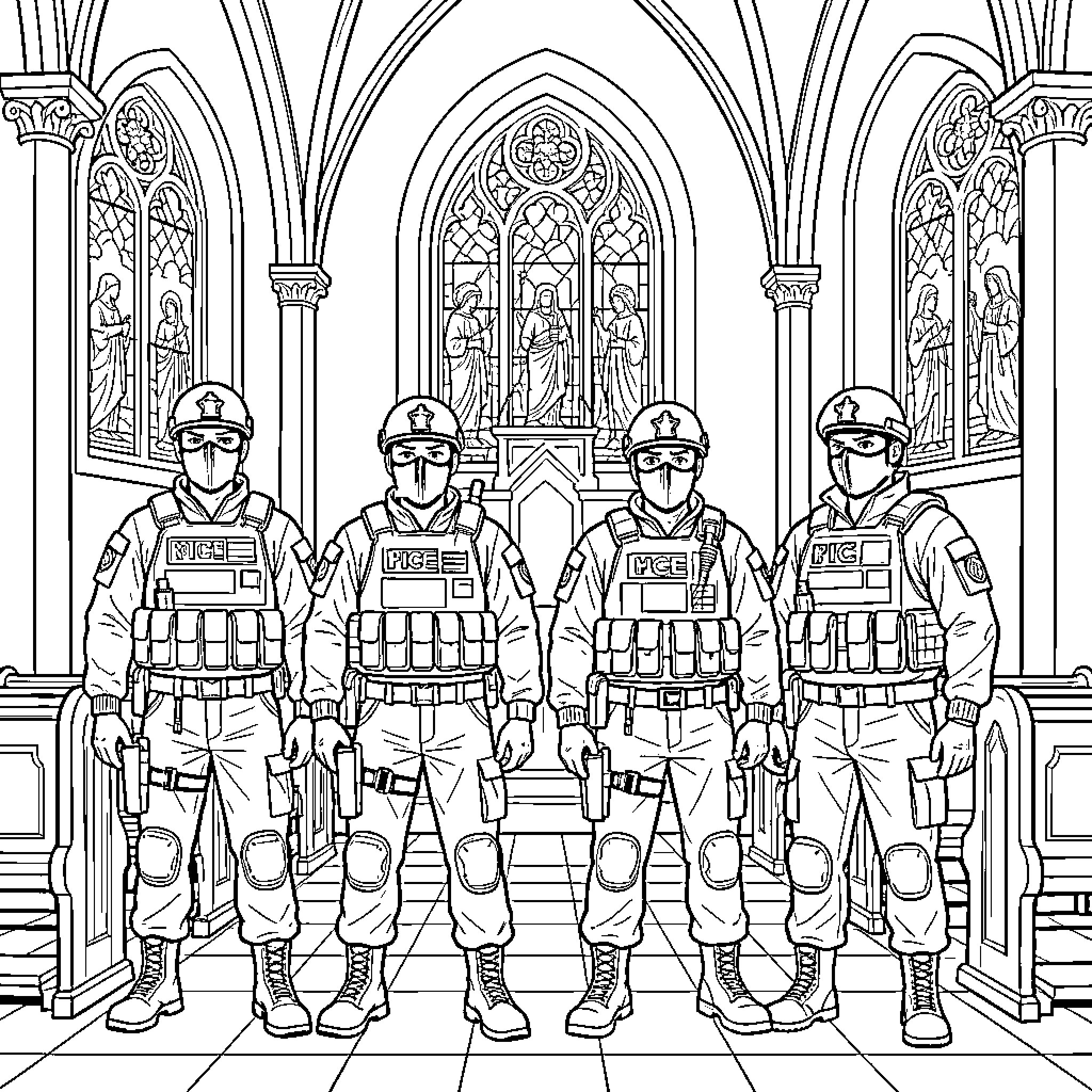 Ice Agent Operatives Secure Critical Infrastructure Coloring Page (free black-and-white line drawing printable PDF for all, from beginners to advanced learners, including children, teens, adults, and seniors)
