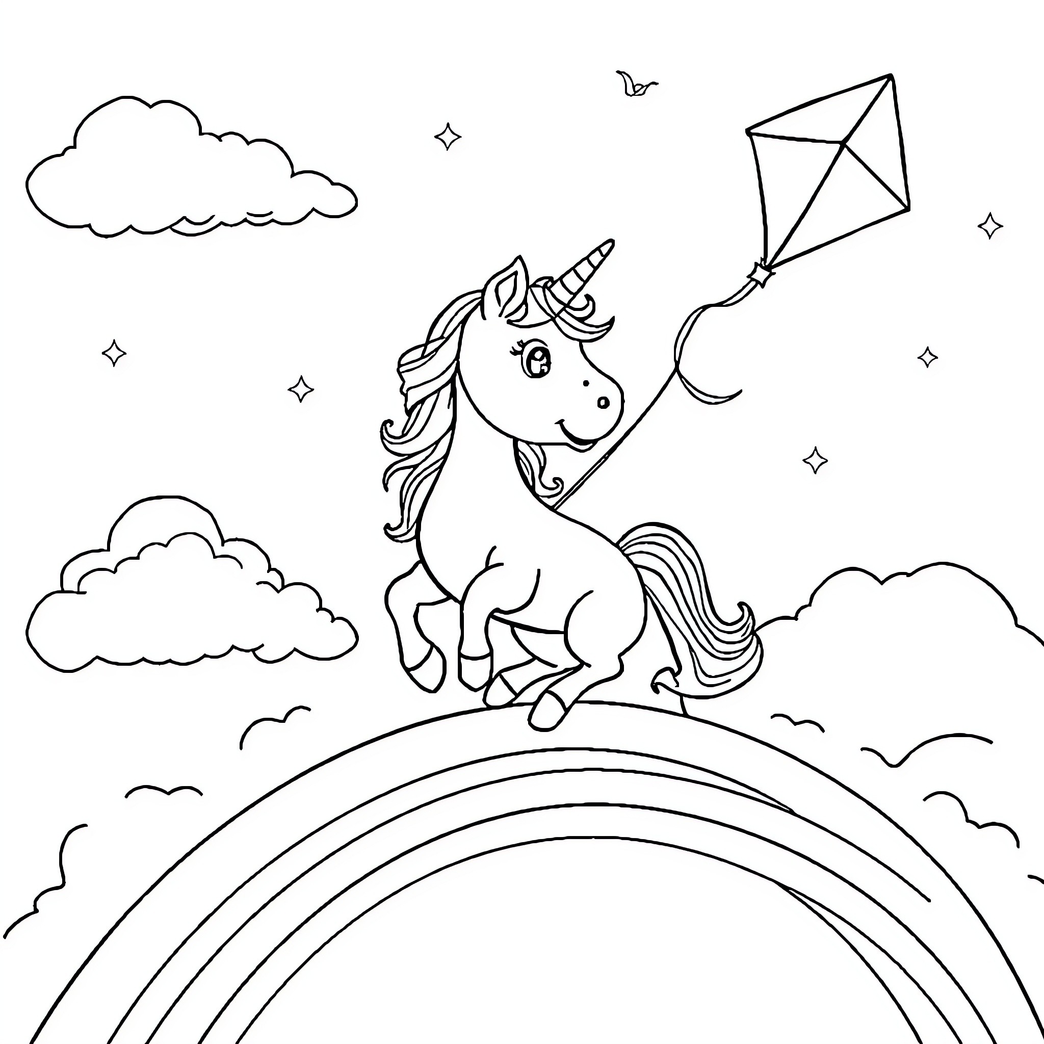 Unicorn playing with kite in the sky Coloring Page (free black-and-white line drawing printable PDF for all, from beginners to advanced learners, including children, teens, adults, and seniors)