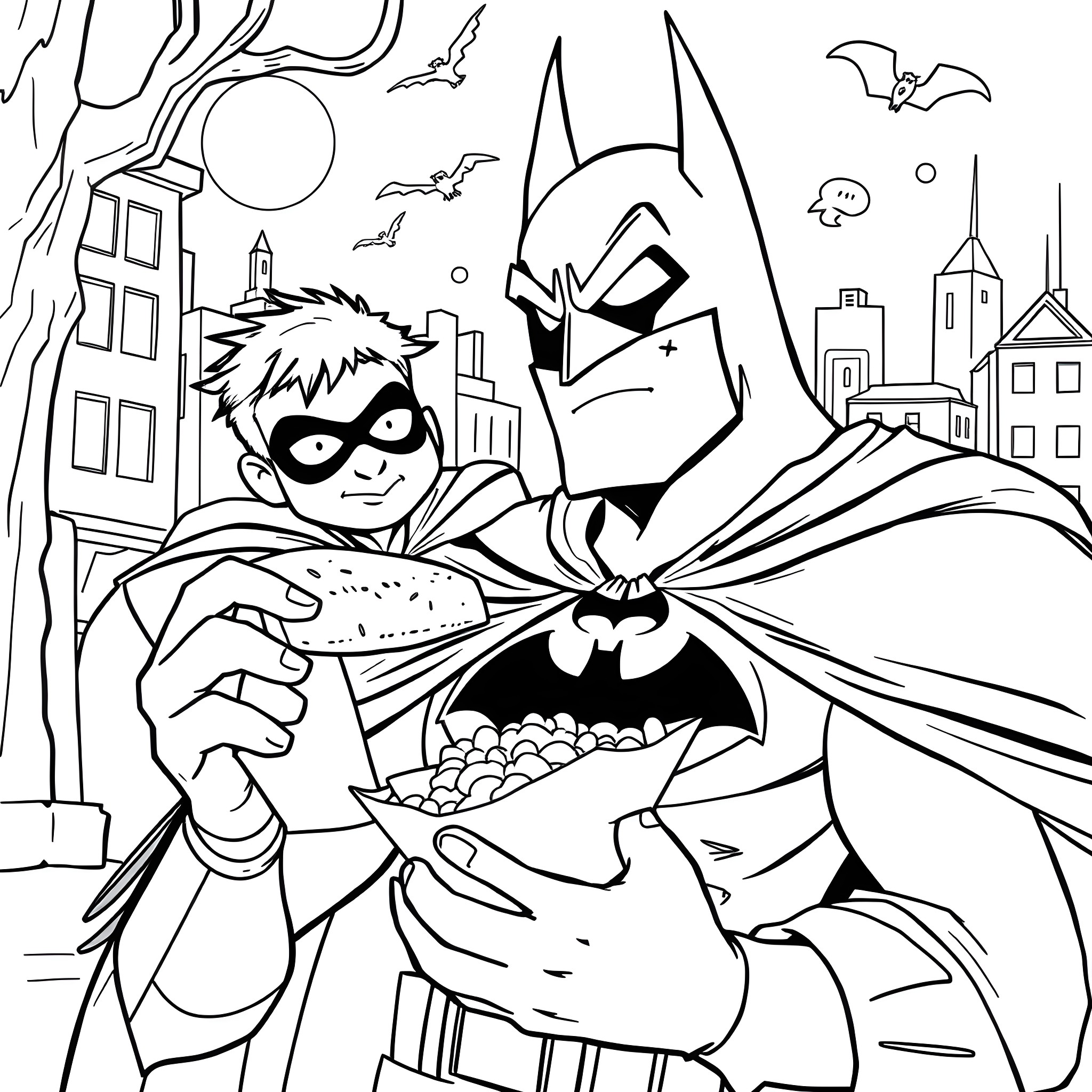 Batman Helping Robin in the Gotham City Coloring Page (free black-and-white line drawing printable PDF for all, from beginners to advanced learners, including children, teens, adults, and seniors)