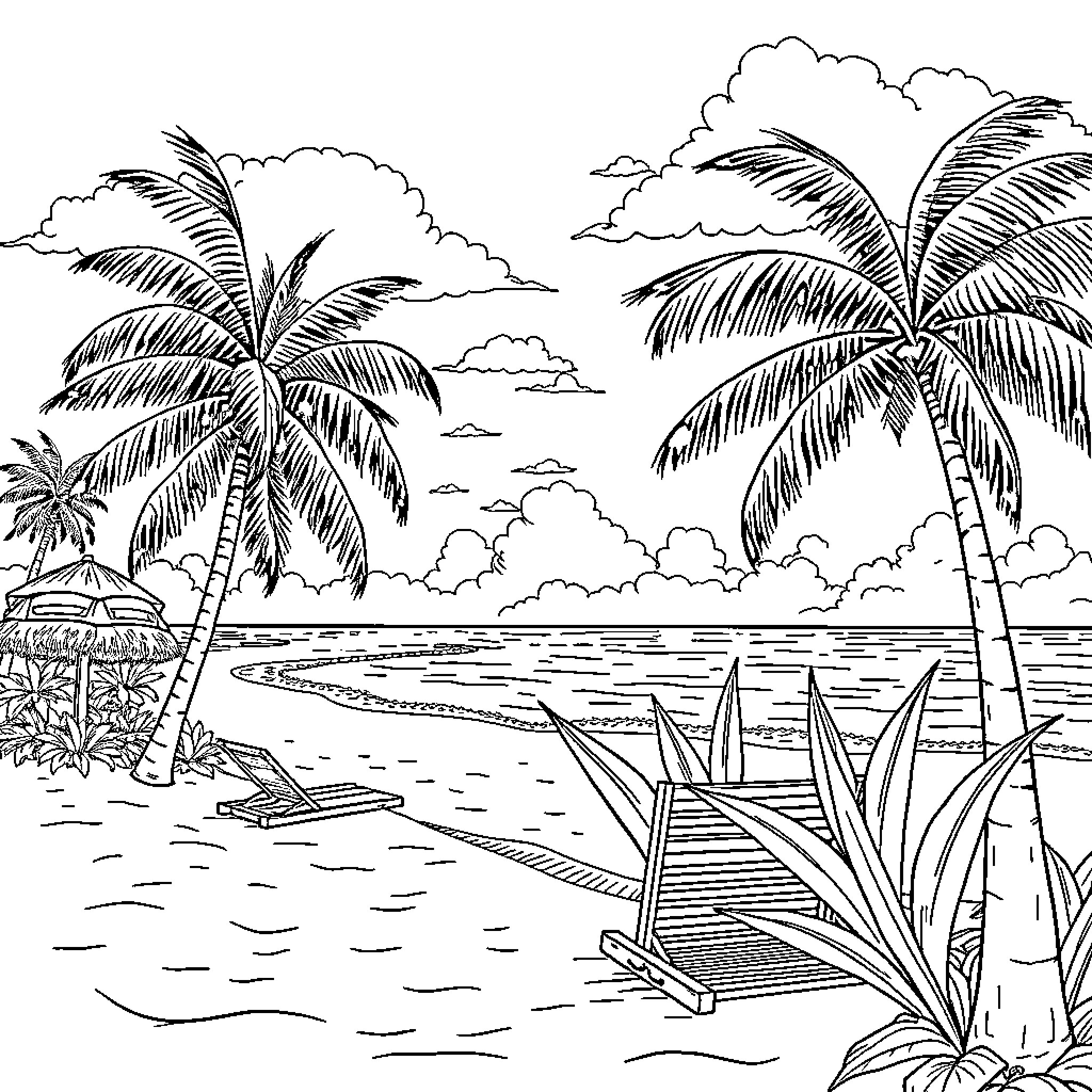 Weekend Getaway on Tropical Beach Coloring Page (free black-and-white line drawing printable PDF for all, from beginners to advanced learners, including children, teens, adults, and seniors)