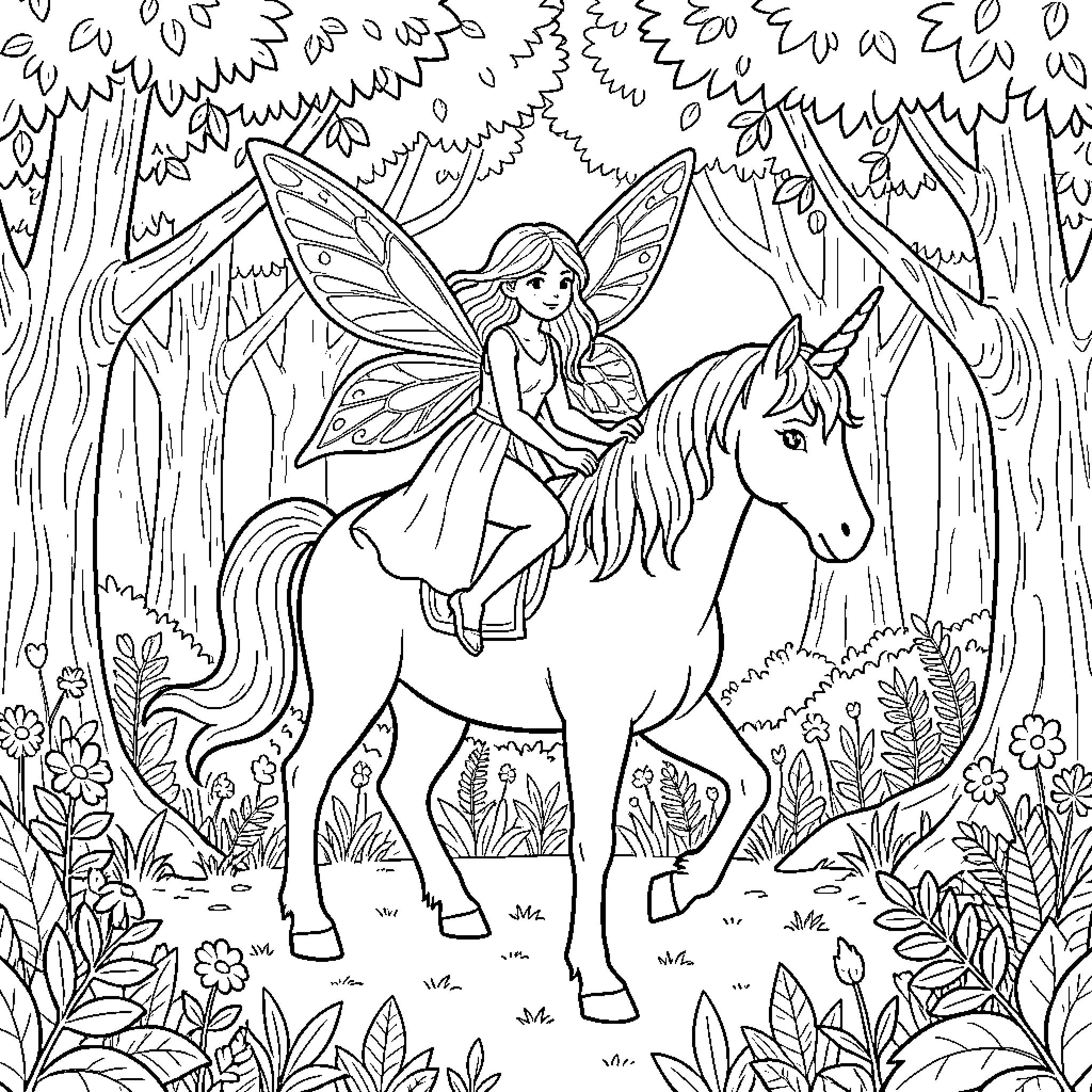 Fairy riding a unicorn through a magical forest Coloring Page (free black-and-white line drawing printable PDF for all, from beginners to advanced learners, including children, teens, adults, and seniors)