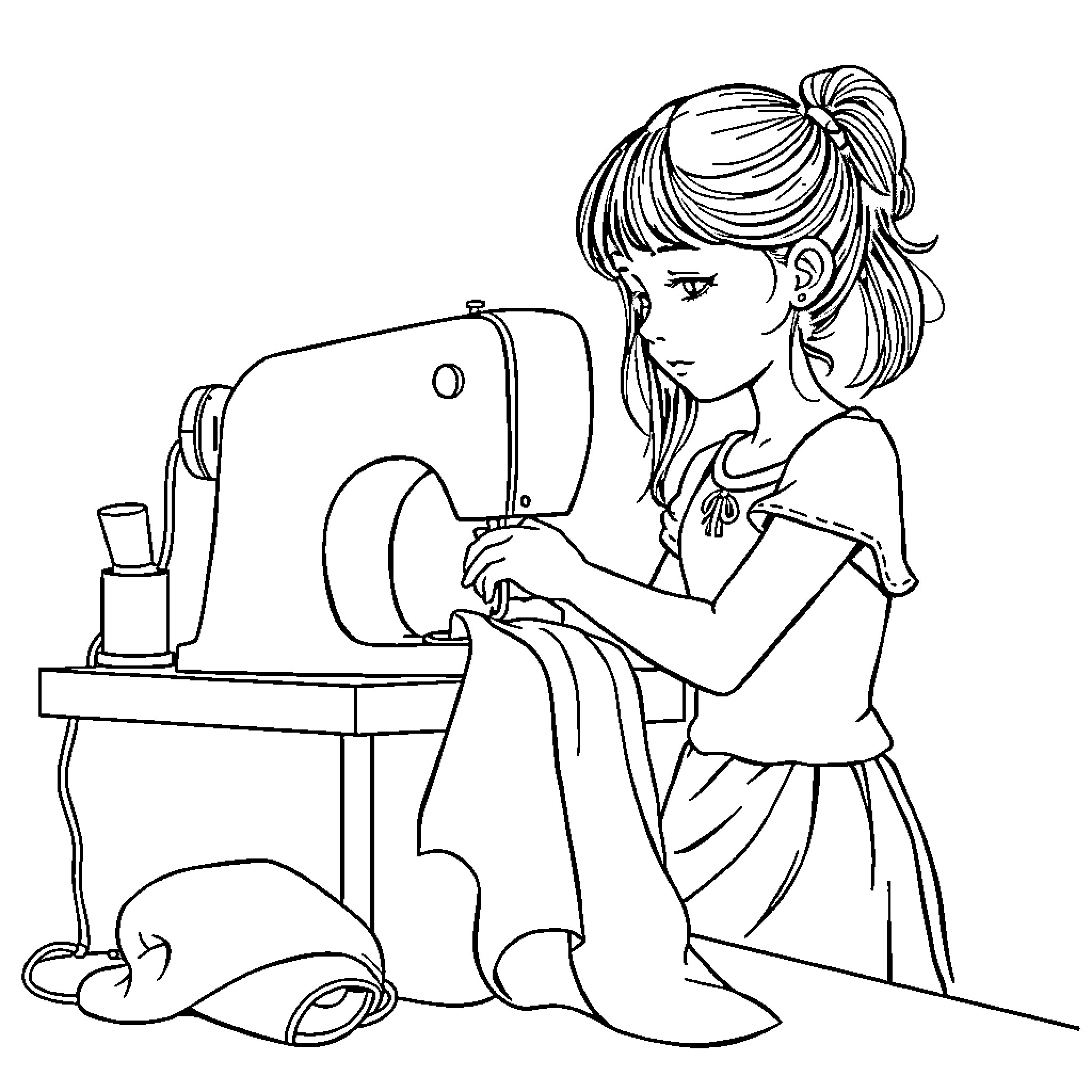 Girl sewing on a sewing machine Coloring Page (free black-and-white line drawing printable PDF for all, from beginners to advanced learners, including children, teens, adults, and seniors)