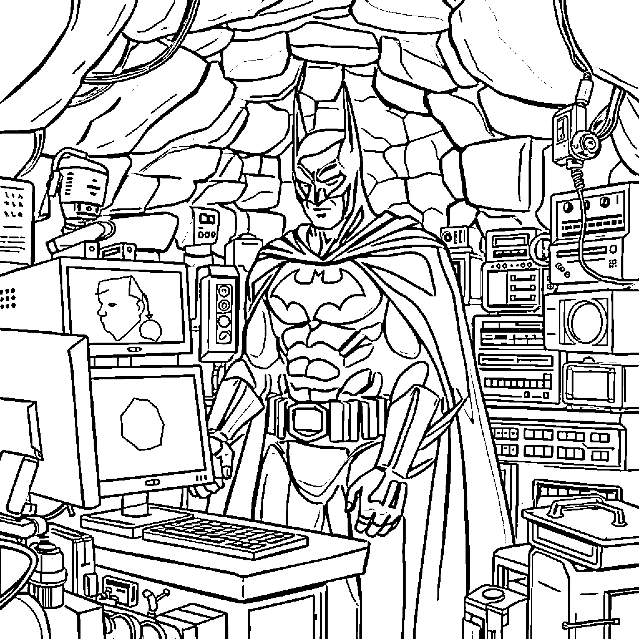 Batman's Cave: Superhero in High-Tech Workspace Coloring Page (free black-and-white line drawing printable PDF for all, from beginners to advanced learners, including children, teens, adults, and seniors)