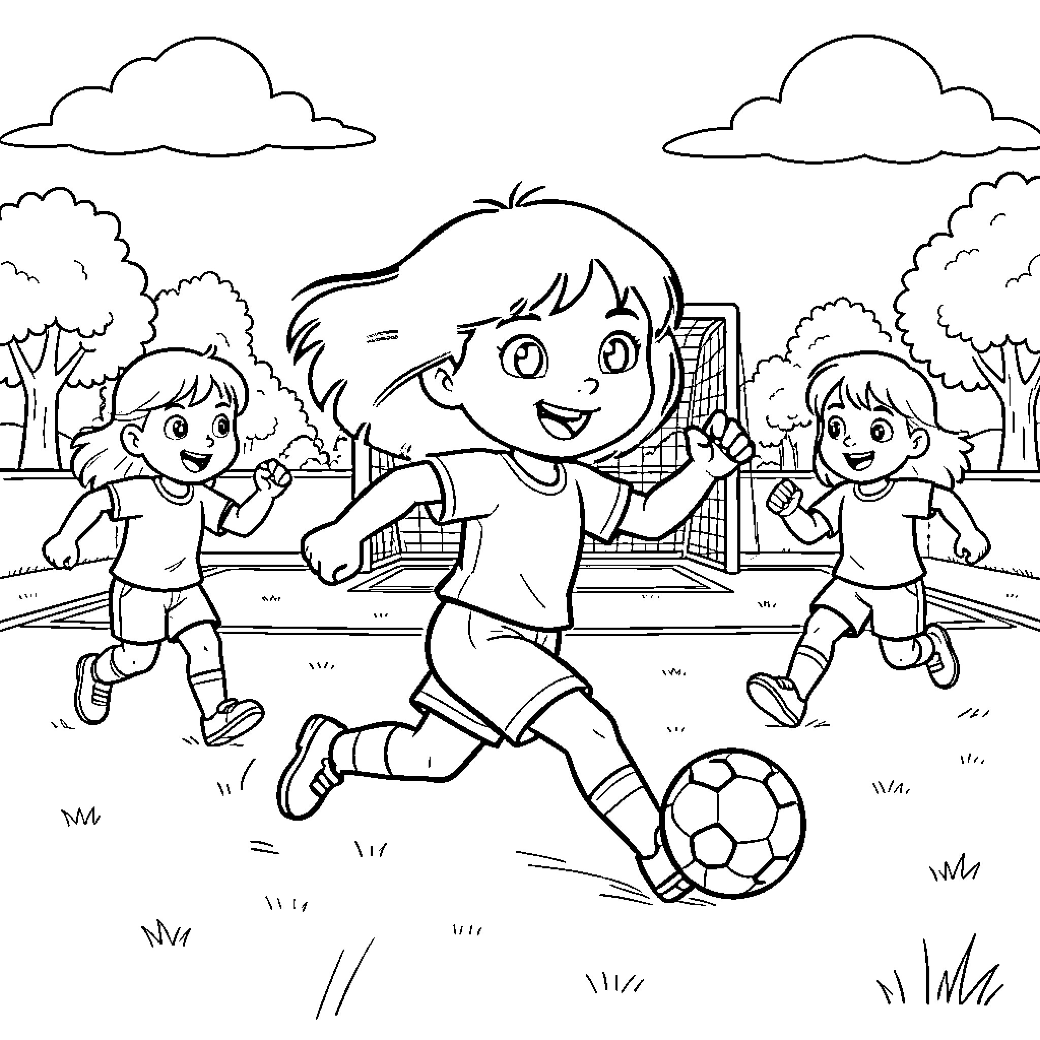 Dora playing soccer with friends in a field Coloring Page (free black-and-white line drawing printable PDF for all, from beginners to advanced learners, including children, teens, adults, and seniors)