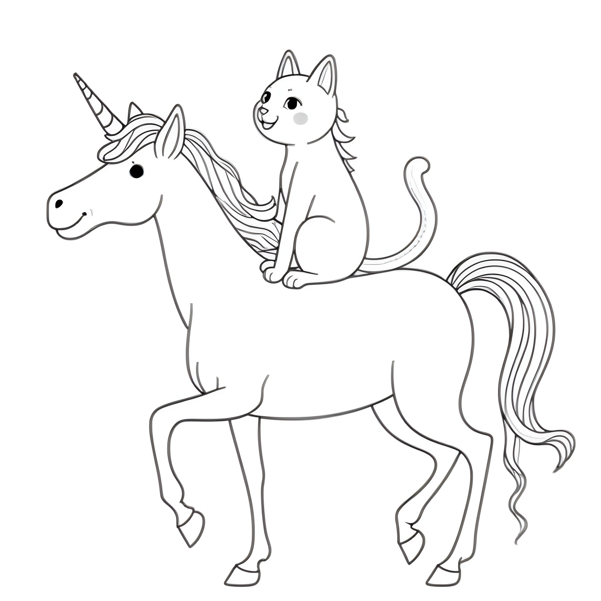 Cat riding a unicorn in fantasy scene Coloring Page (free black-and-white line drawing printable PDF for all, from beginners to advanced learners, including children, teens, adults, and seniors)