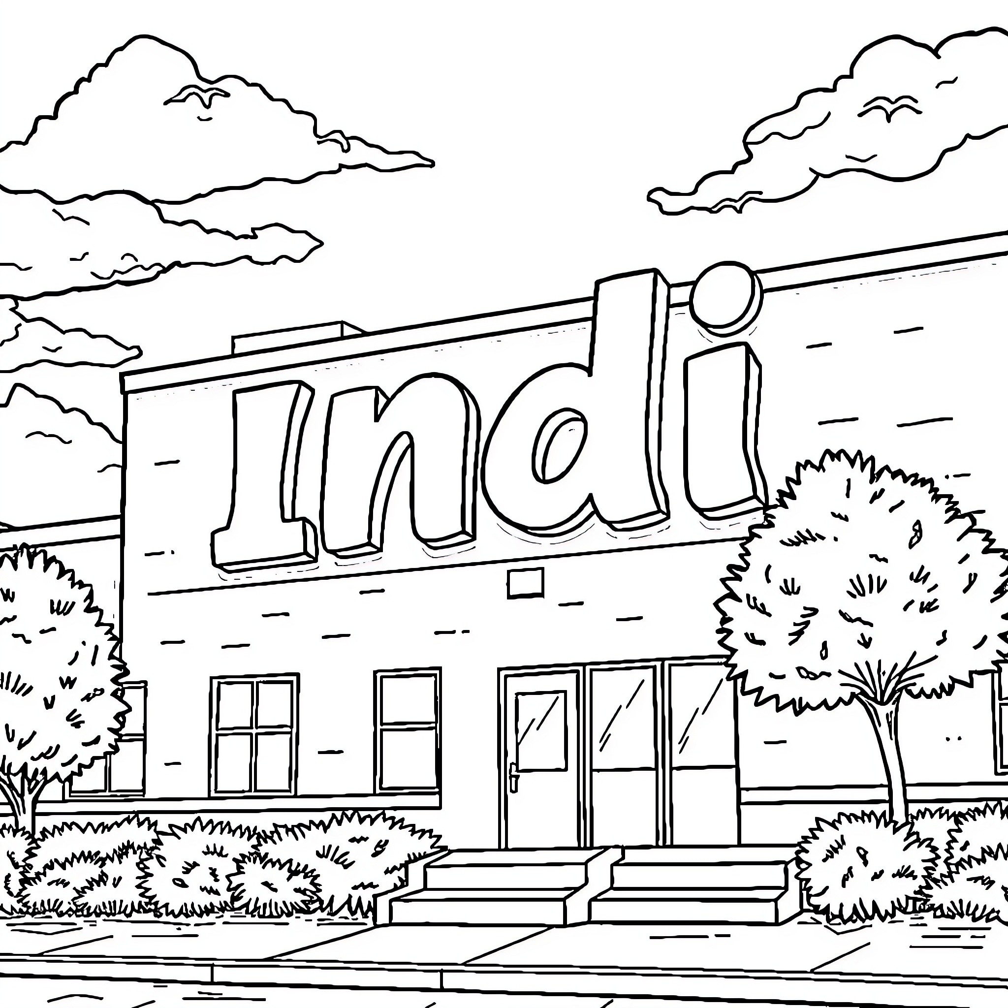 Indi storefront with clouds and trees Coloring Page (free black-and-white line drawing printable PDF for all, from beginners to advanced learners, including children, teens, adults, and seniors)