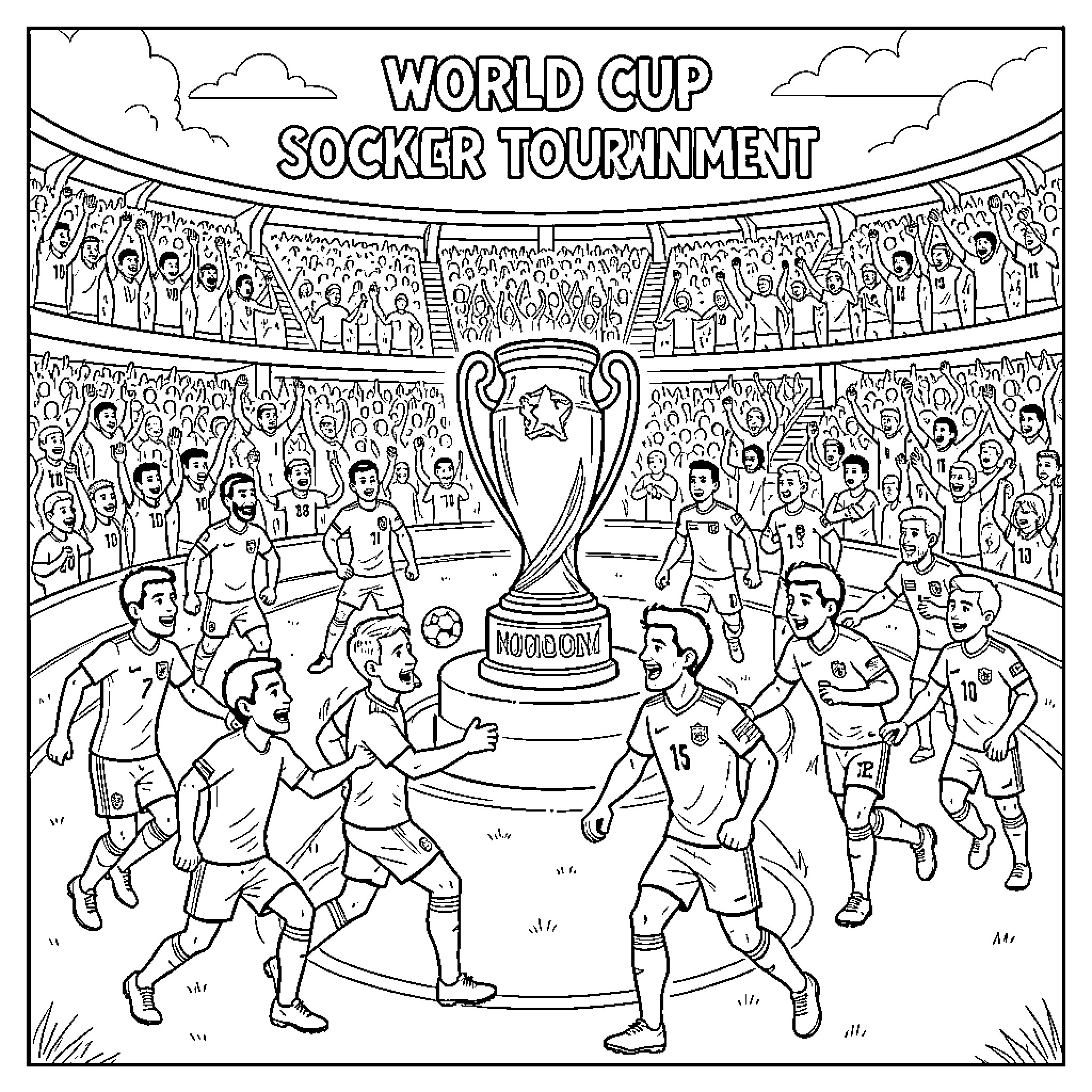 World Cup players celebrating victory with a trophy Coloring Page (free black-and-white line drawing printable PDF for all, from beginners to advanced learners, including children, teens, adults, and seniors)