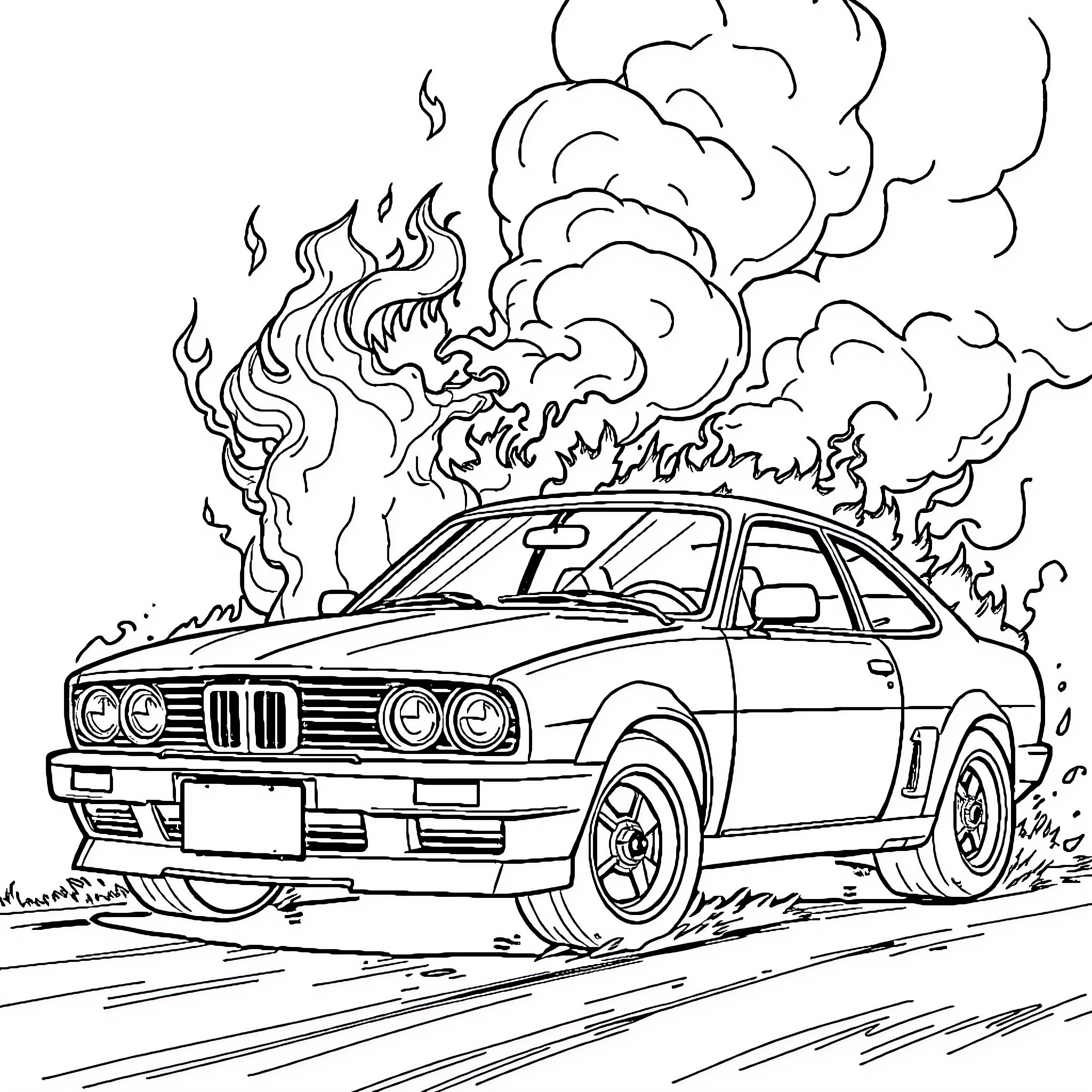 Car racing through fiery scene Coloring Page (free black-and-white line drawing printable PDF for all, from beginners to advanced learners, including children, teens, adults, and seniors)