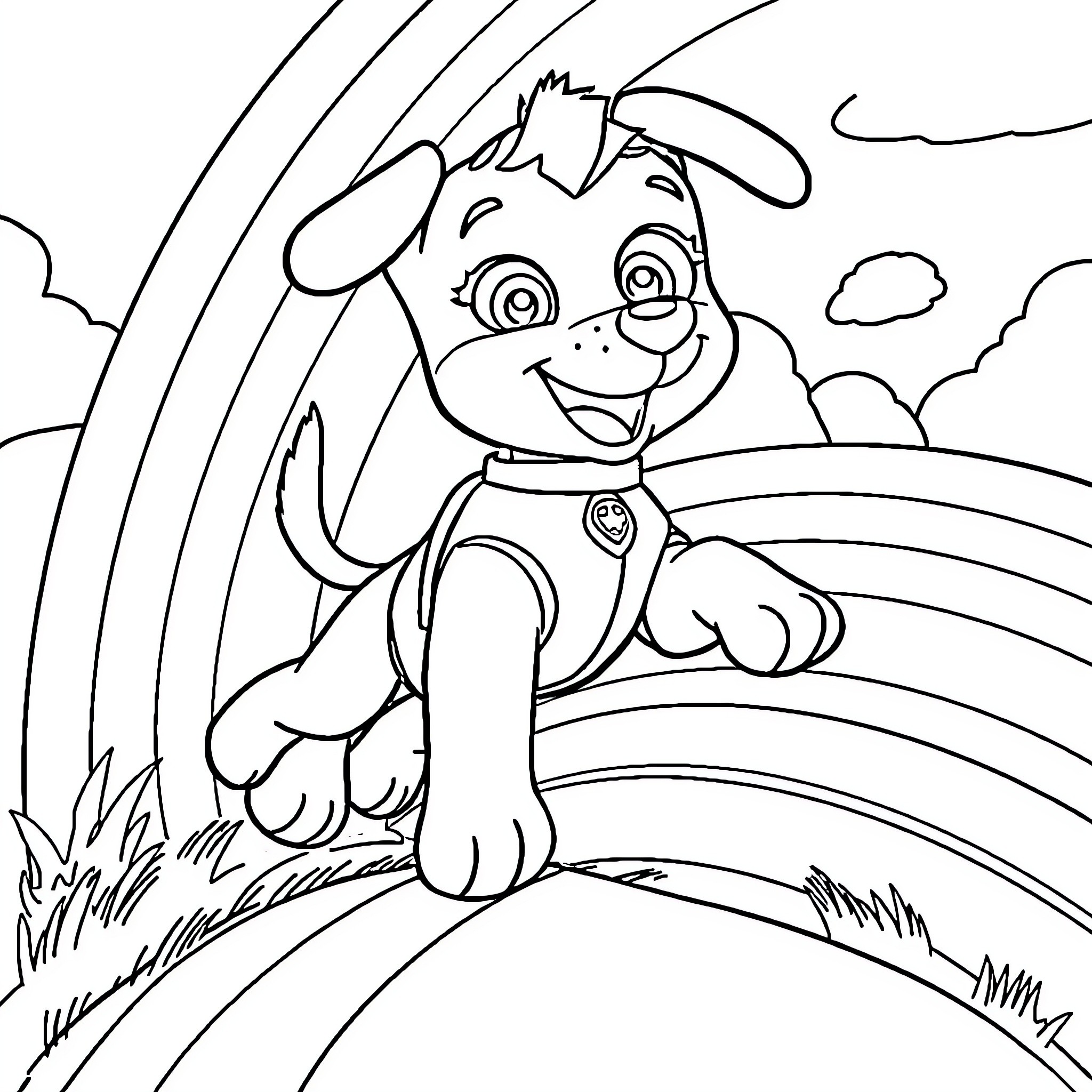 Skye the pup playing outdoors under the rainbow Coloring Page (free black-and-white line drawing printable PDF for all, from beginners to advanced learners, including children, teens, adults, and seniors)