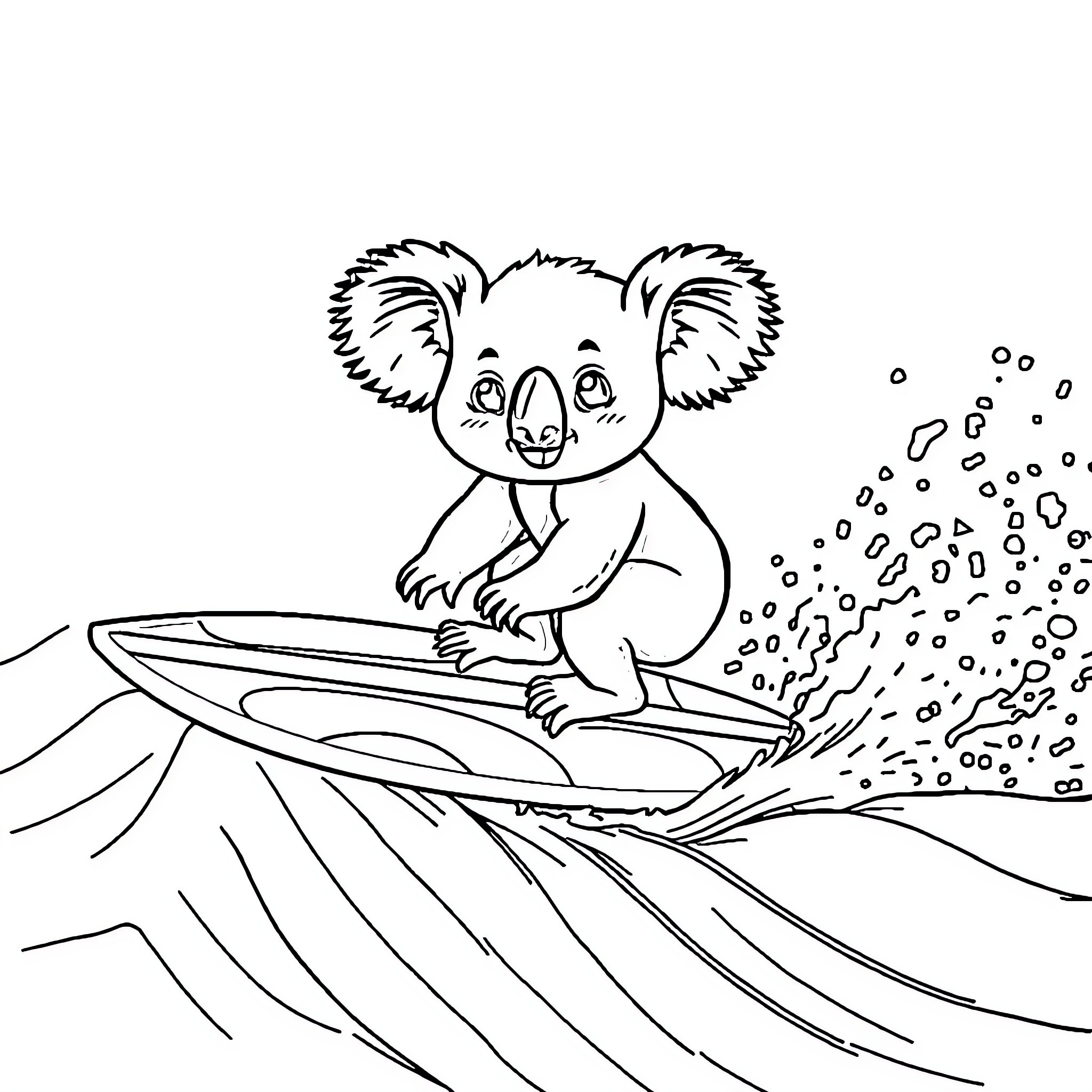 Koala surfing on the waves Coloring Page (free black-and-white line drawing printable PDF for all, from beginners to advanced learners, including children, teens, adults, and seniors)