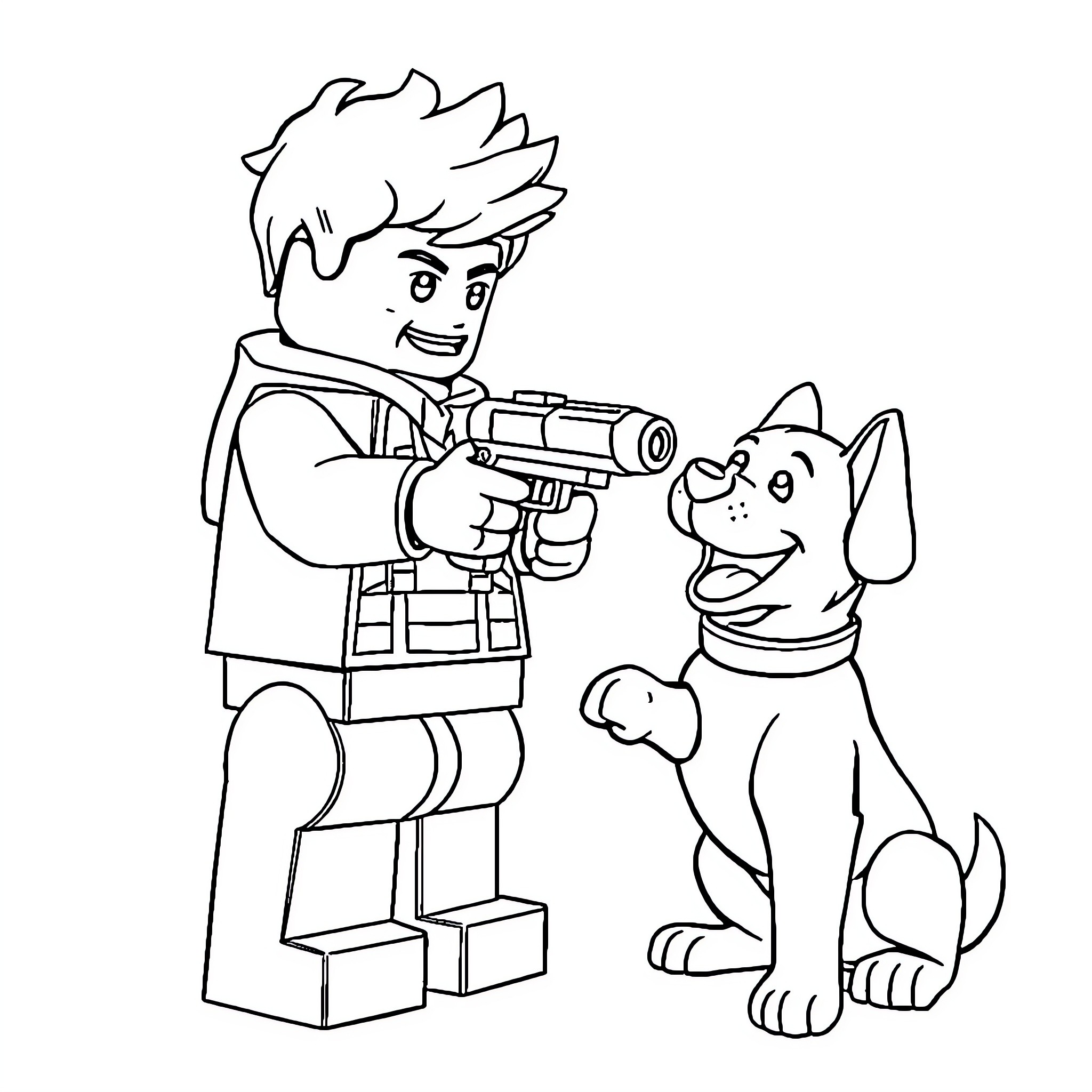 Lego Man and his canine companion on an adventure Coloring Page (free black-and-white line drawing printable PDF for all, from beginners to advanced learners, including children, teens, adults, and seniors)