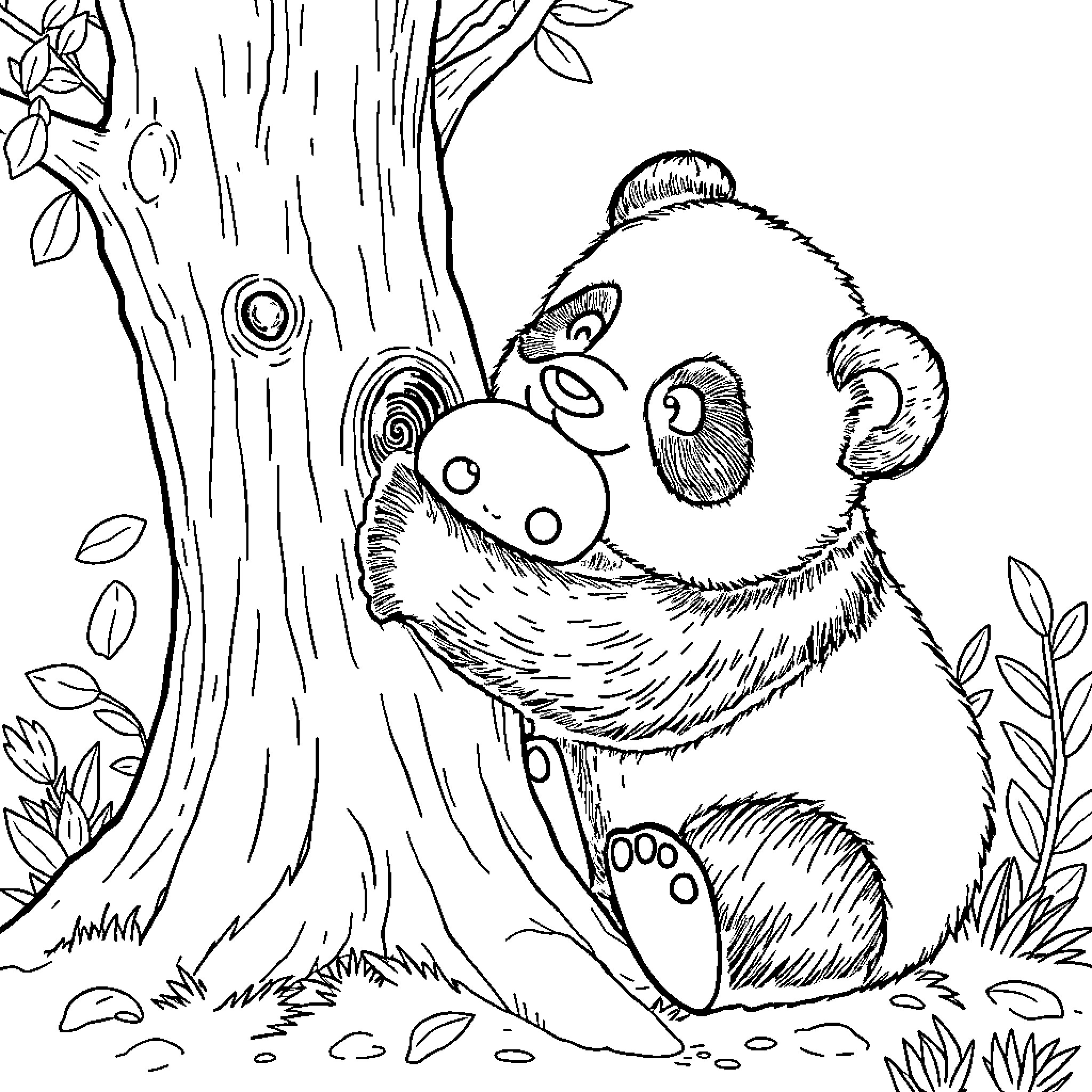 Panda resting peacefully in the forest Coloring Page (free black-and-white line drawing printable PDF for all, from beginners to advanced learners, including children, teens, adults, and seniors)
