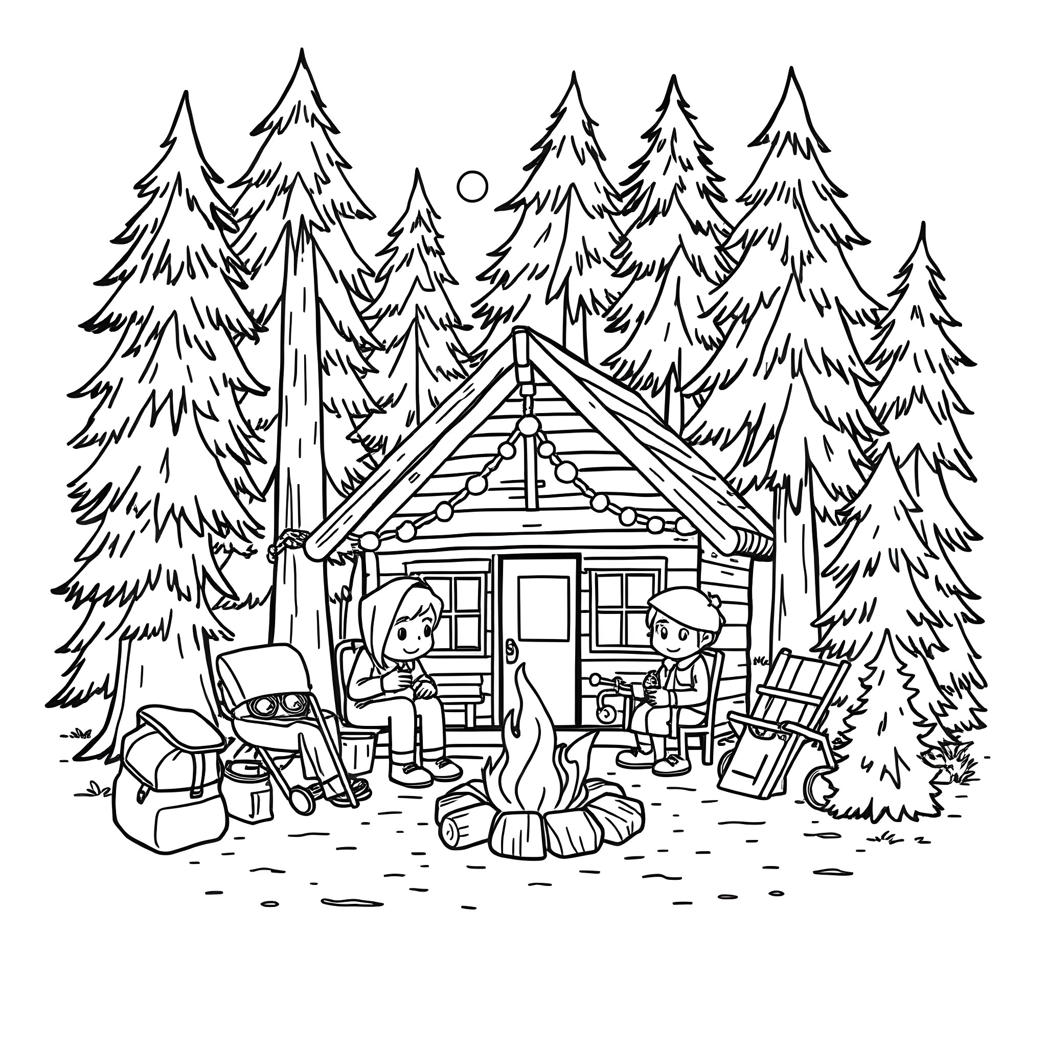 Bluey's Cozy Camping Adventure Coloring Page (free black-and-white line drawing printable PDF for all, from beginners to advanced learners, including children, teens, adults, and seniors)