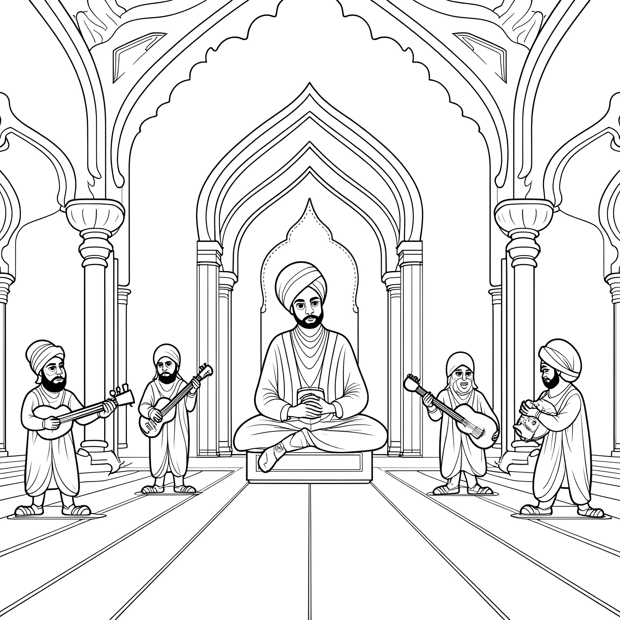 Singh meditating amidst disciples in ornate temple Coloring Page (free black-and-white line drawing printable PDF for all, from beginners to advanced learners, including children, teens, adults, and seniors)
