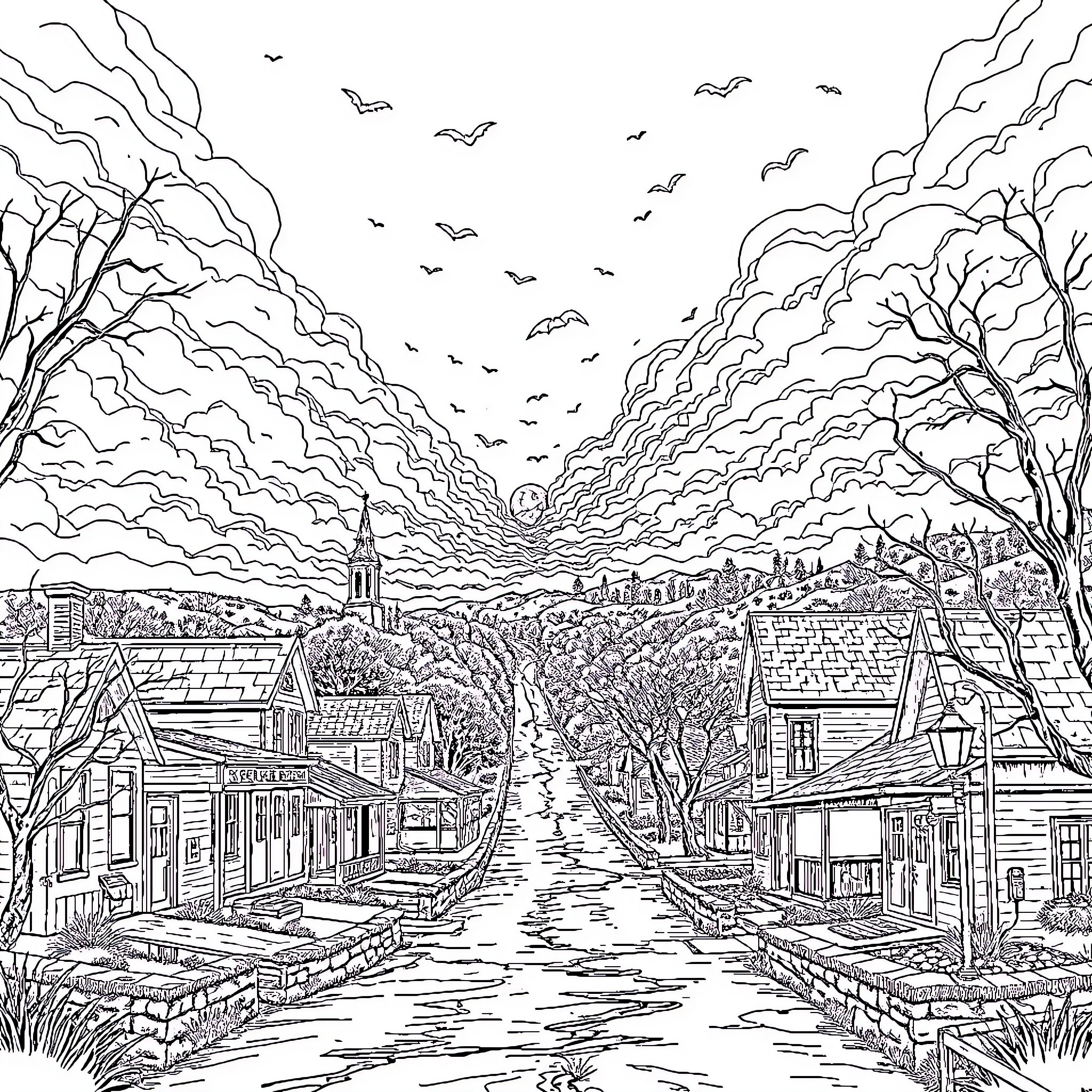 Supernatural Autumn Landscape with Houses and Birds Coloring Page (free black-and-white line drawing printable PDF for all, from beginners to advanced learners, including children, teens, adults, and seniors)