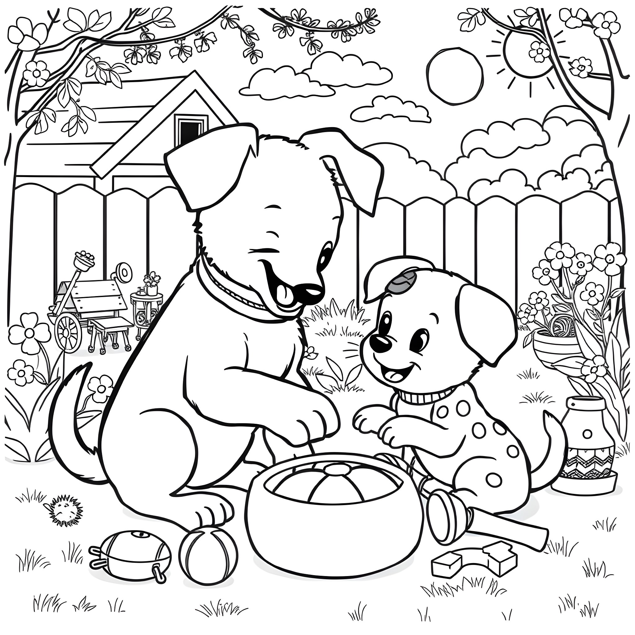 Bluey and friends playing in the backyard Coloring Page (free black-and-white line drawing printable PDF for all, from beginners to advanced learners, including children, teens, adults, and seniors)