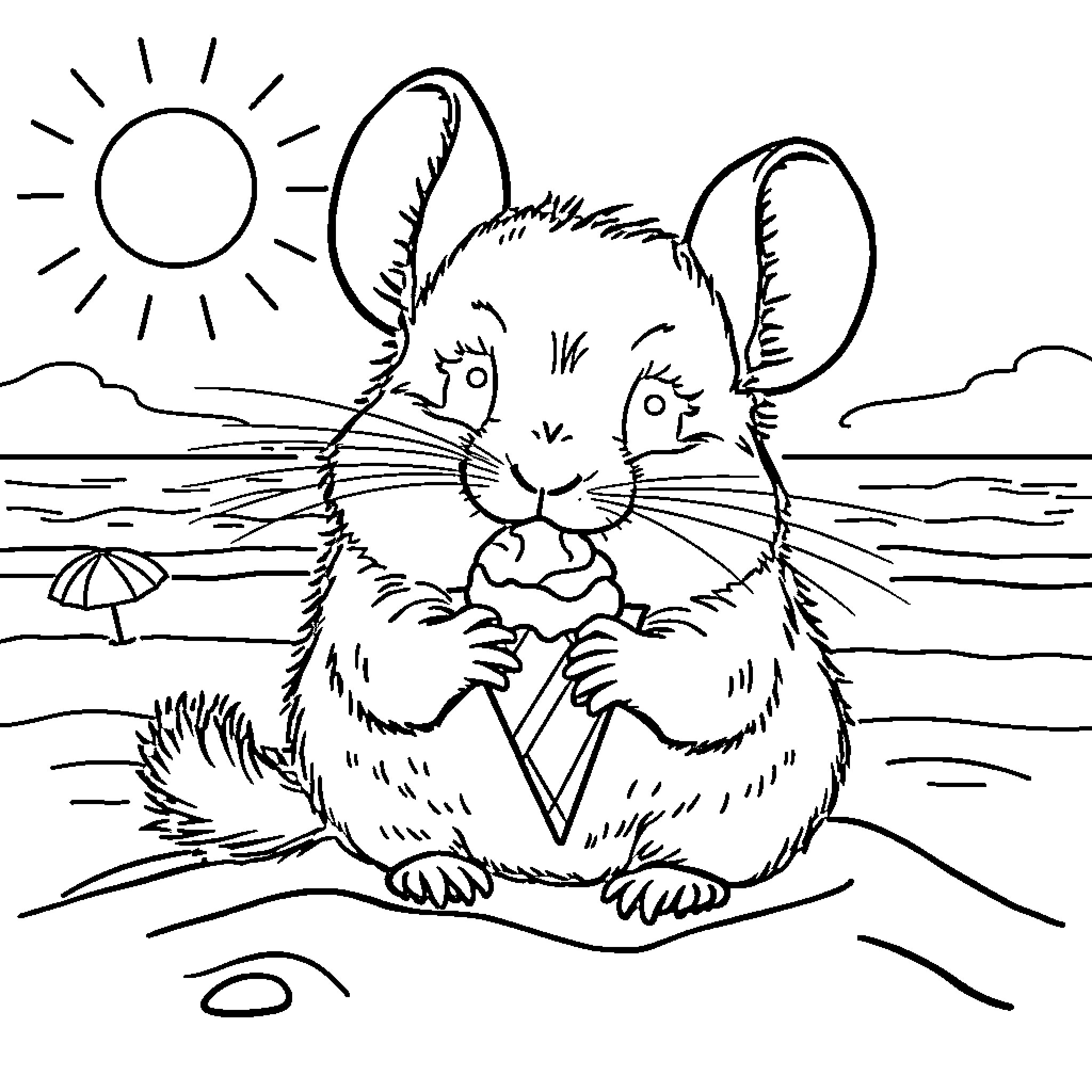 Chinchilla enjoying a sunny day at the beach Coloring Page (free black-and-white line drawing printable PDF for all, from beginners to advanced learners, including children, teens, adults, and seniors)