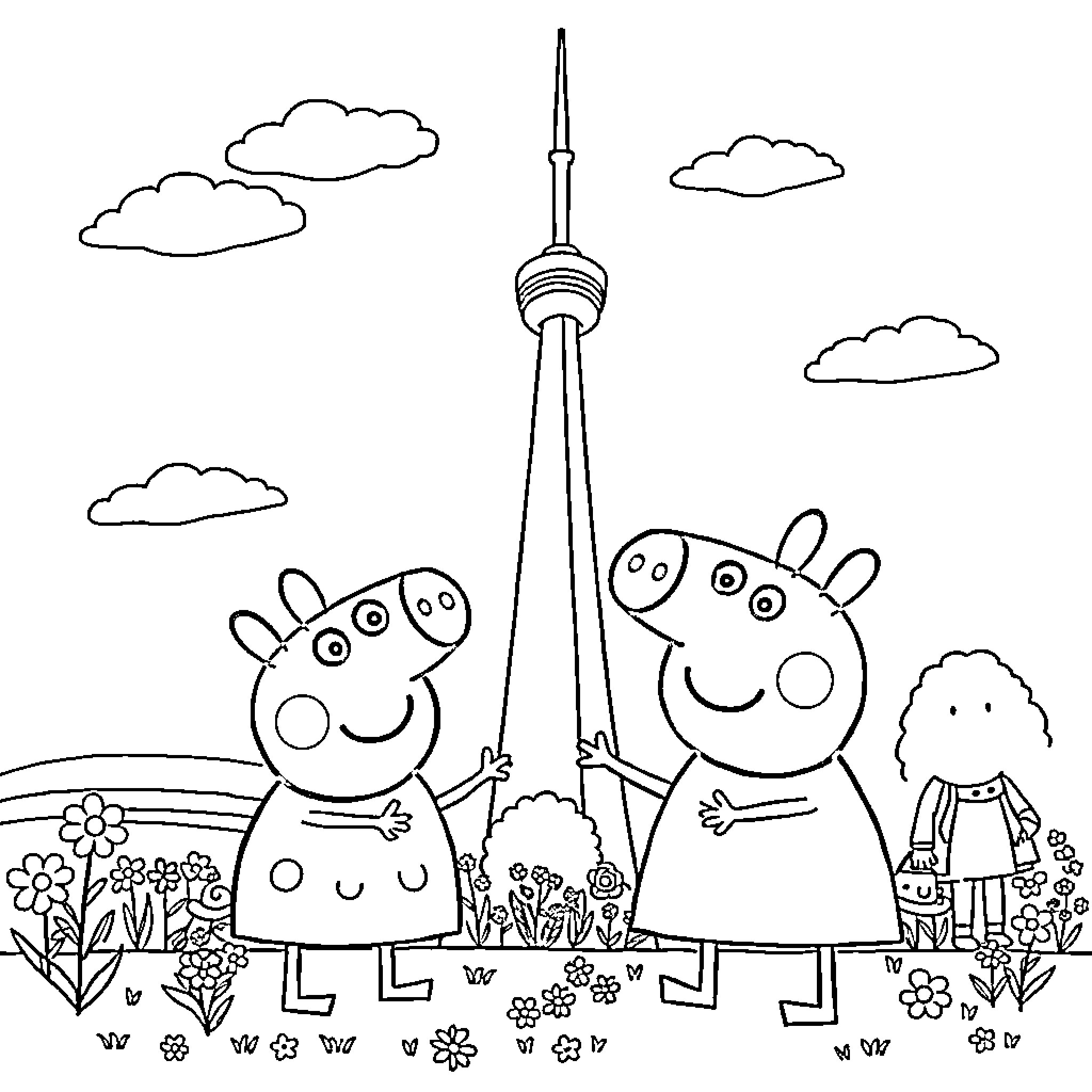 Peppa Pig and Friends Explore the City Landmark Coloring Page (free black-and-white line drawing printable PDF for all, from beginners to advanced learners, including children, teens, adults, and seniors)