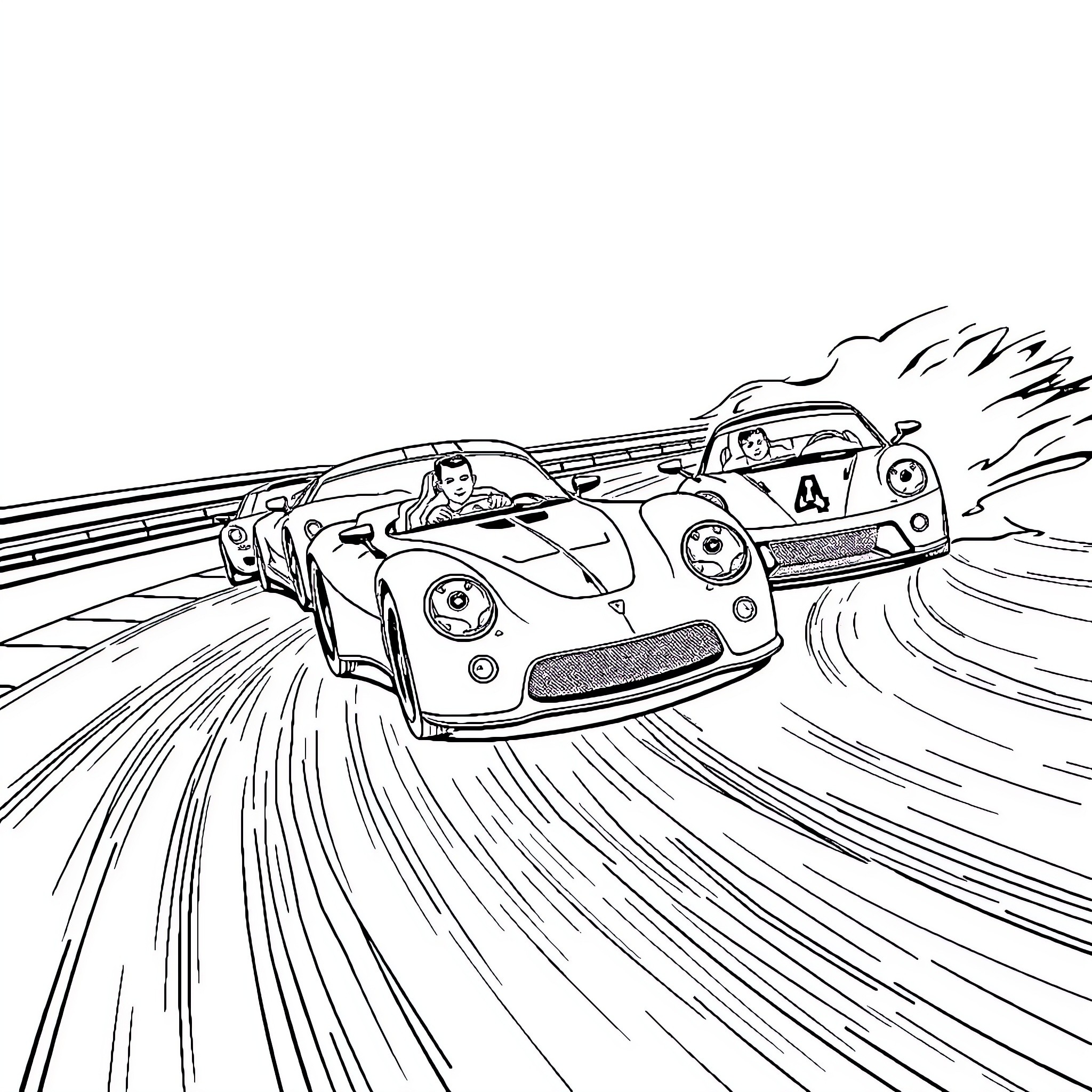 Car racing on winding road Coloring Page (free black-and-white line drawing printable PDF for all, from beginners to advanced learners, including children, teens, adults, and seniors)