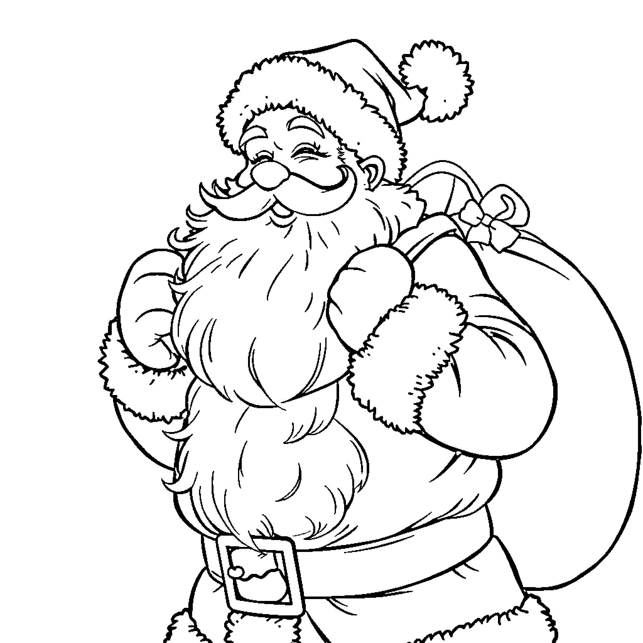 Santa Claus carrying a sack of gifts with joy Coloring Page (free black-and-white line drawing printable PDF for all, from beginners to advanced learners, including children, teens, adults, and seniors)