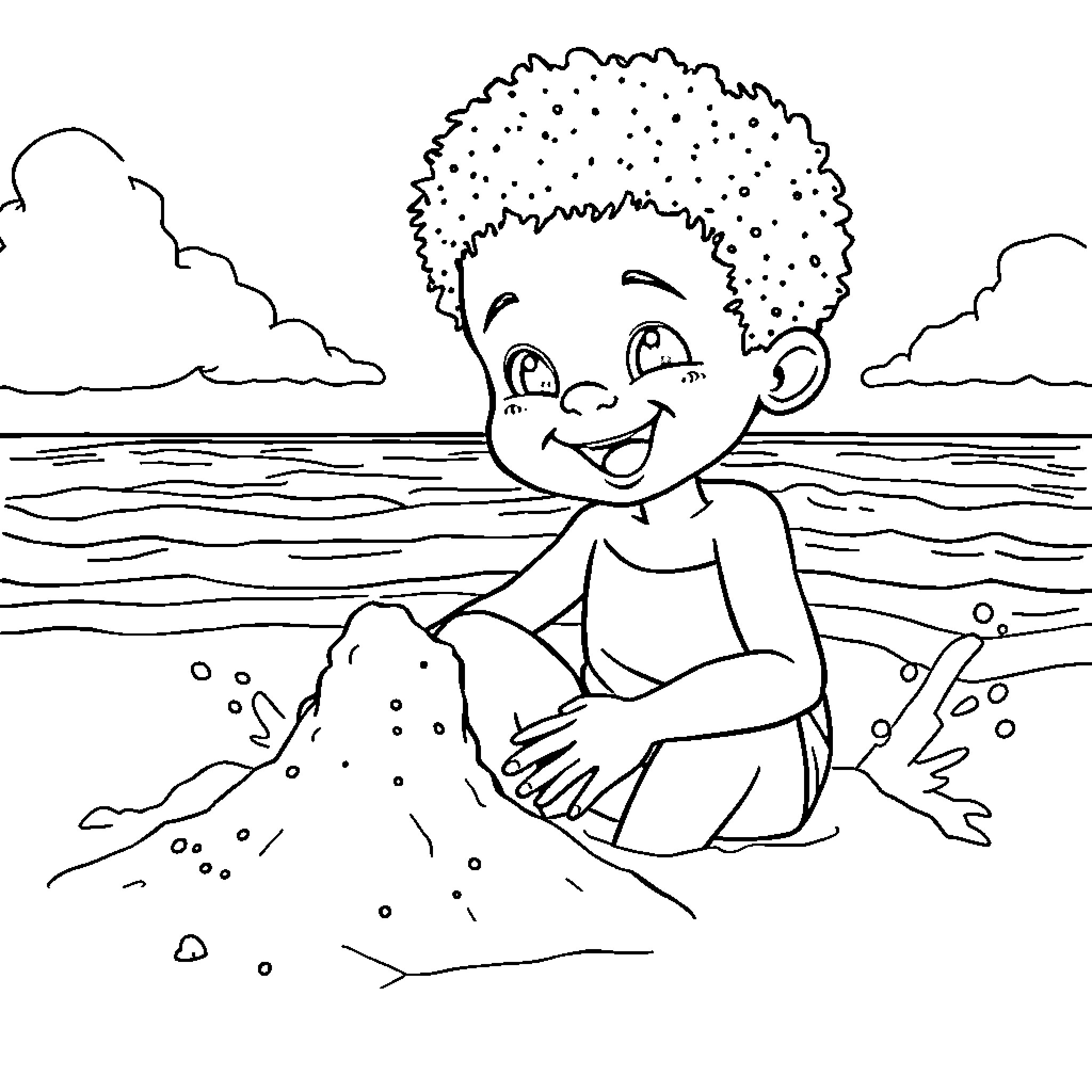 Kid playing happily on the beach Coloring Page (free black-and-white line drawing printable PDF for all, from beginners to advanced learners, including children, teens, adults, and seniors)