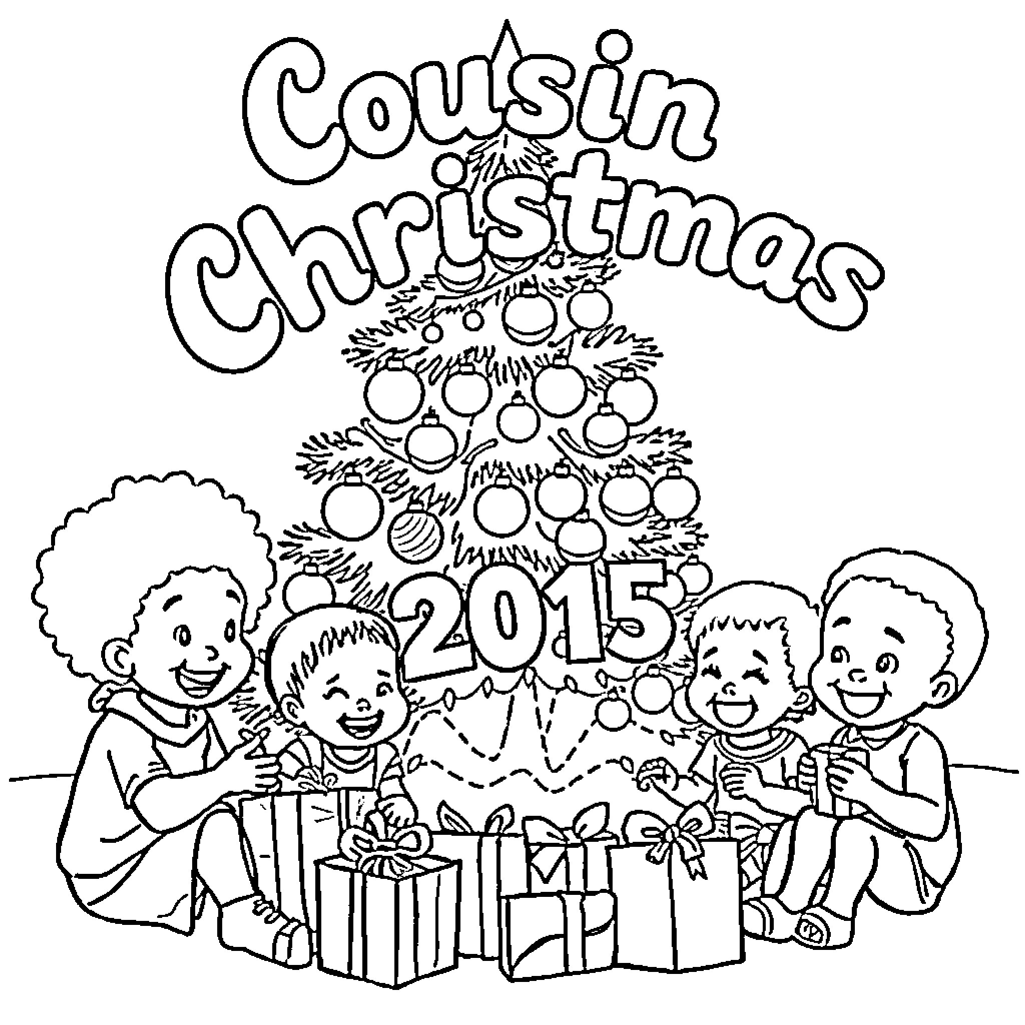 Christmas Tree with Cousin Christmas 2015 Coloring Page (free black-and-white line drawing printable PDF for all, from beginners to advanced learners, including children, teens, adults, and seniors)