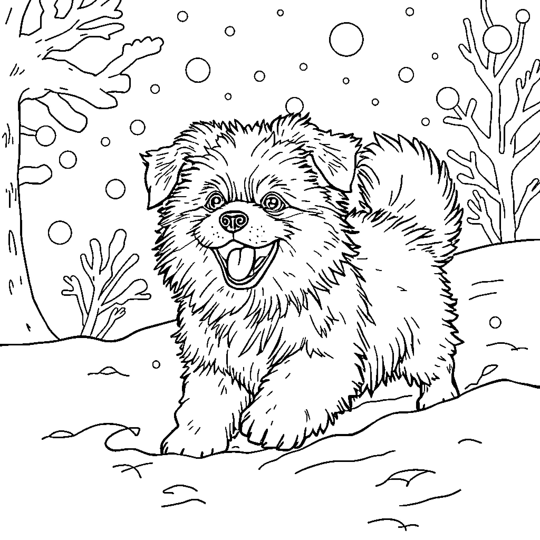Dog playing in the snowy winter landscape Coloring Page (free black-and-white line drawing printable PDF for all, from beginners to advanced learners, including children, teens, adults, and seniors)