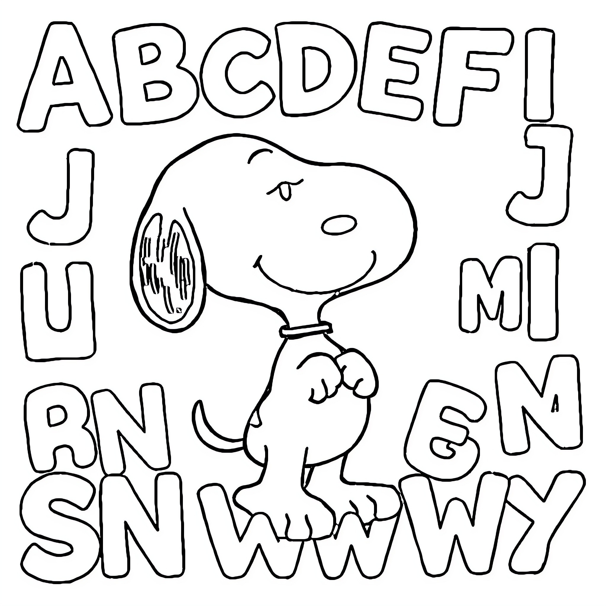 Snoopy and the Alphabet Coloring Page (free black-and-white line drawing printable PDF for all, from beginners to advanced learners, including children, teens, adults, and seniors)