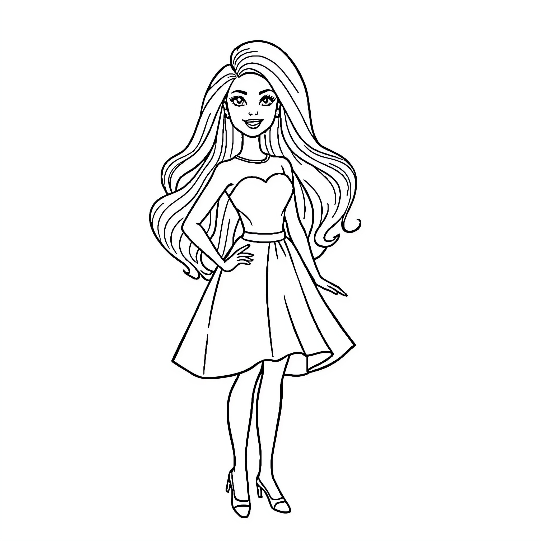 Barbie in a Lovely Dress and Pose Coloring Page (free black-and-white line drawing printable PDF for all, from beginners to advanced learners, including children, teens, adults, and seniors)